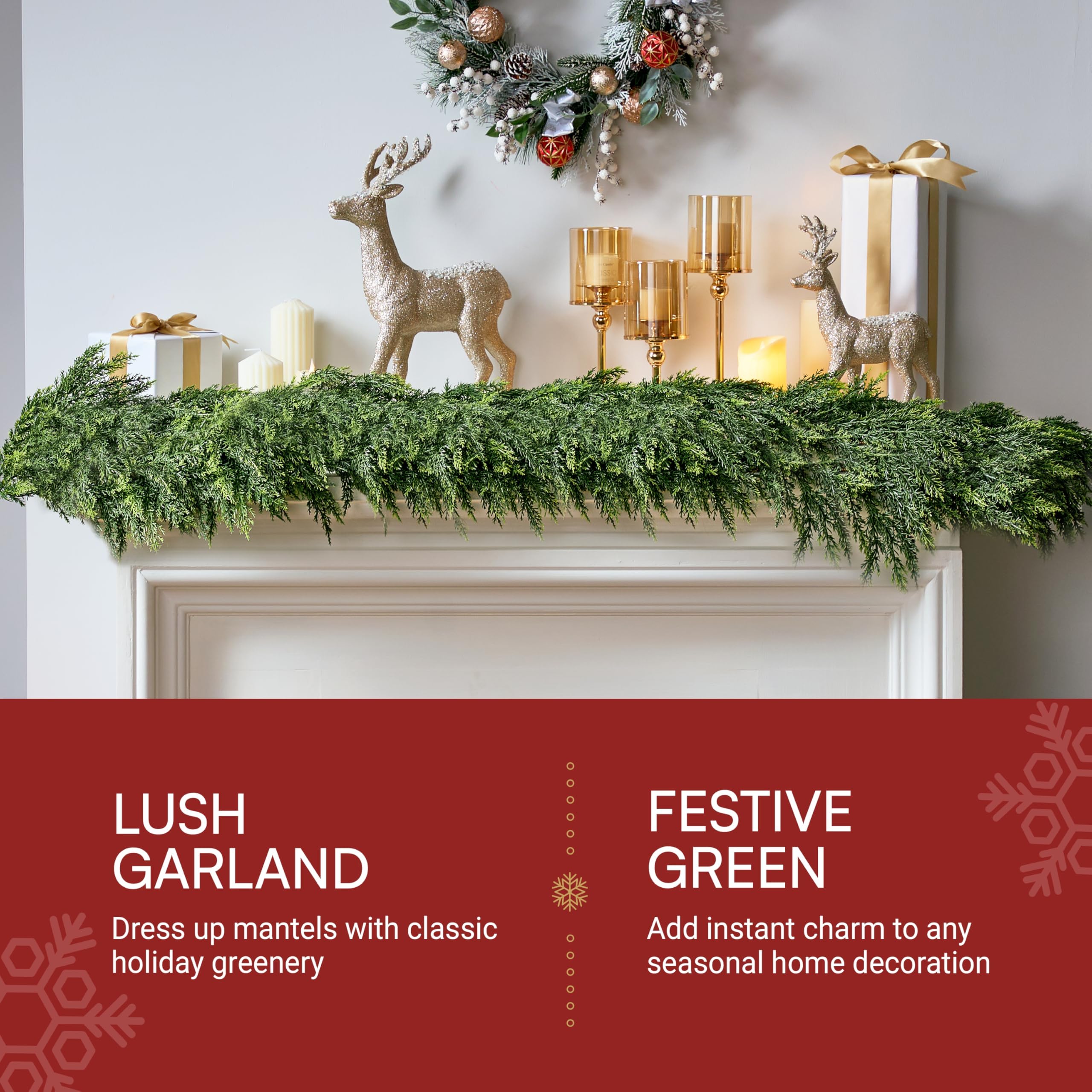 JOYIN Weihnachtsgirlande aus Zedernholz, realistisches Kiefern-Design, dick, üppig und biegbar, grüne Weihnachtsgirlande für Kaminsims, Tisch, Veranda, Innenbereich, Weihnachts-Party-Dekorationen