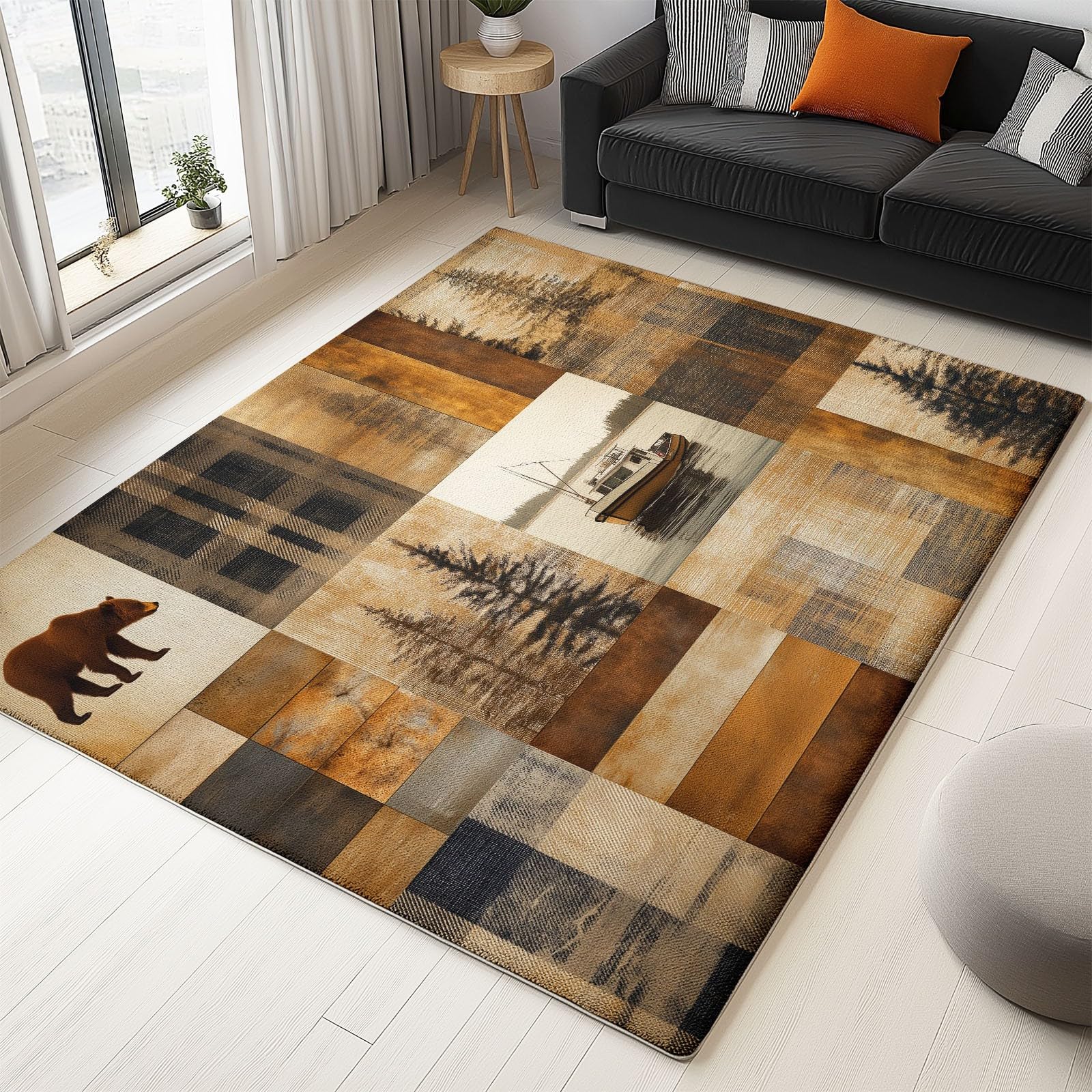 Generico Tappeto da corridoio in finta lana antiscivolo in gomma TPR, Tappeti Collage Retro Pittura Griglia Animale, Lavabile per soggiorno camera da letto e lavanderia 140 x 200 cm Cammello