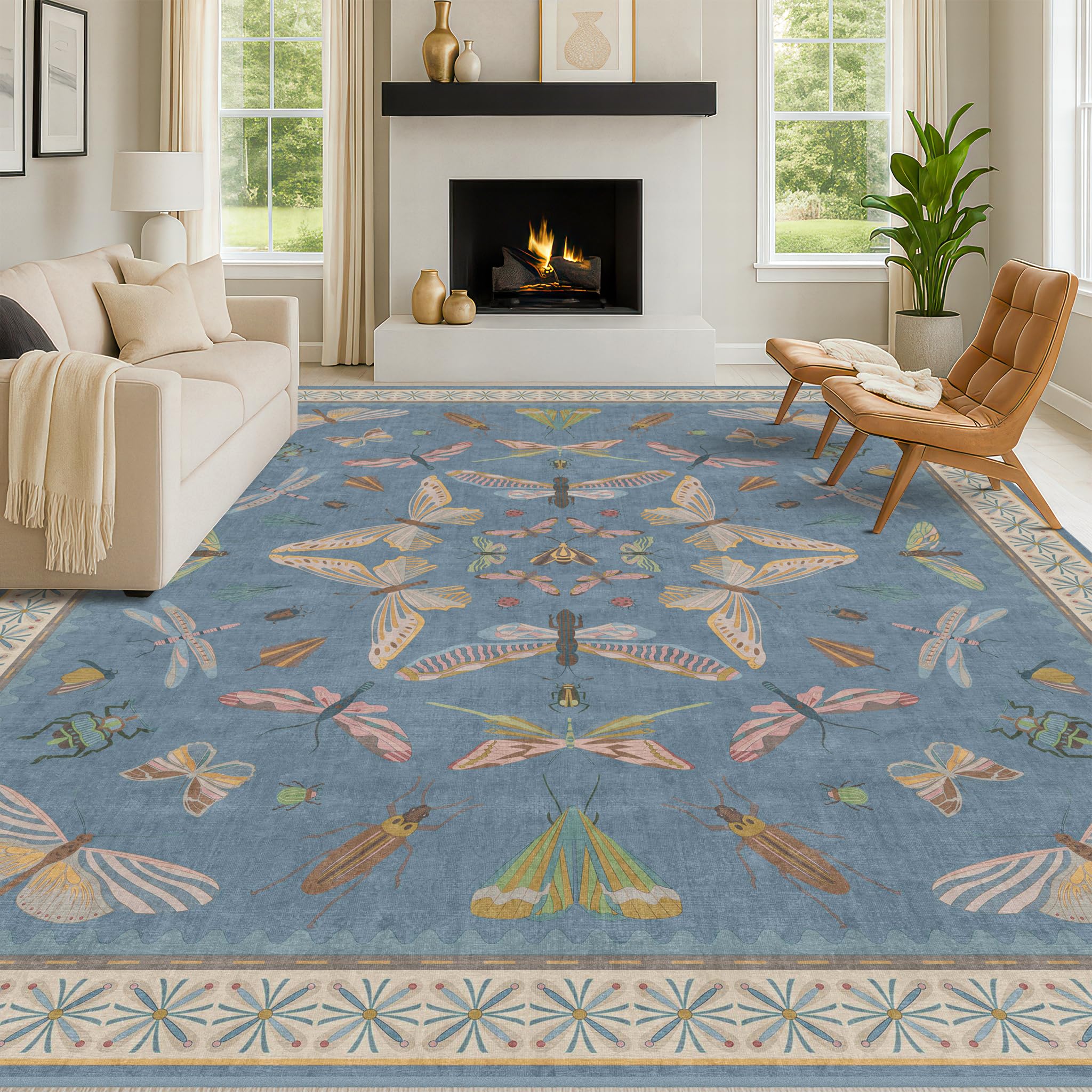 washable living room rug 8x10, dusty blue area rugs for bedroom under bed, dining room under kitchen table, kids room, playroom, lage modern boho carpet, ultra soft stain resistant colorful decor