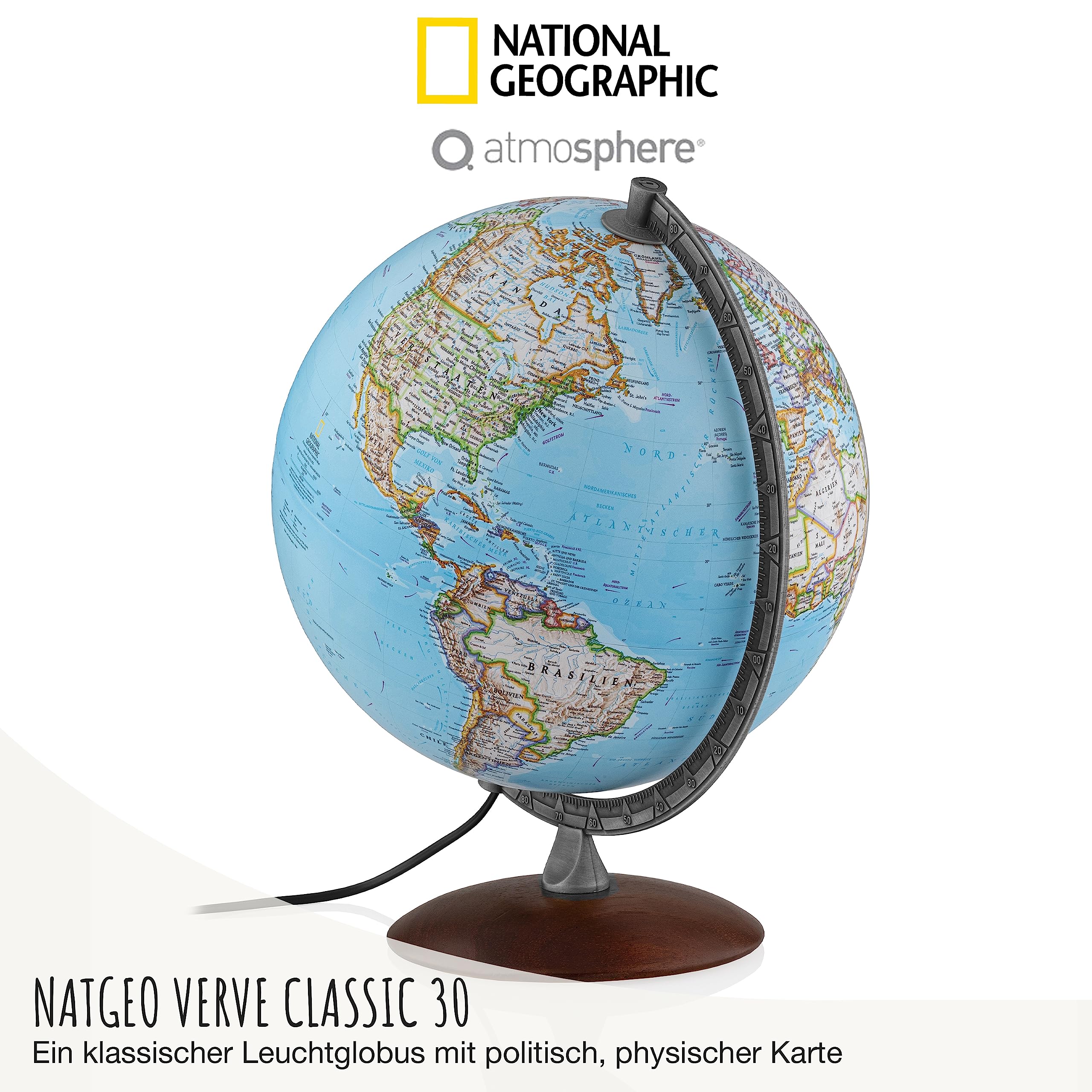 National Geographic Verve Classic Leuchtglobus - 30 cm Globus mit politisch-physischer Kartografie in deutscher Sprache, beleuchtet und mit drehabren Holzfuß und Metallmeridian