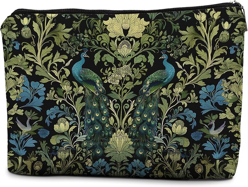 Necessaire de maquiagem floral com pavão em verde-escuro e zíper efgthyjdh