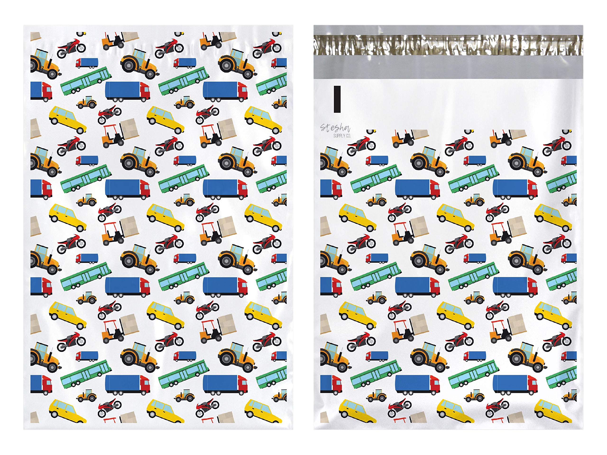 Stesha Supply Co. Cars Trucks 10x13 Poly Mailers for Kids Clothes - Large Mailing Bags, 50 Pack
