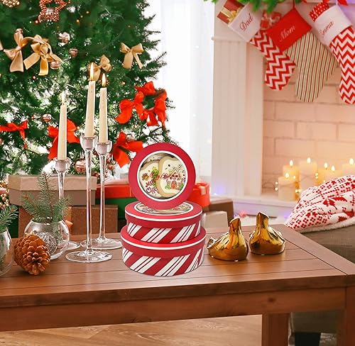Miniatura 7 de Gift Boutique Latas redondas de galletas navideñas con ventana, caja de regalo con tapas, juego de 3 tamaños, diseño de bastón de caramelo rojo y