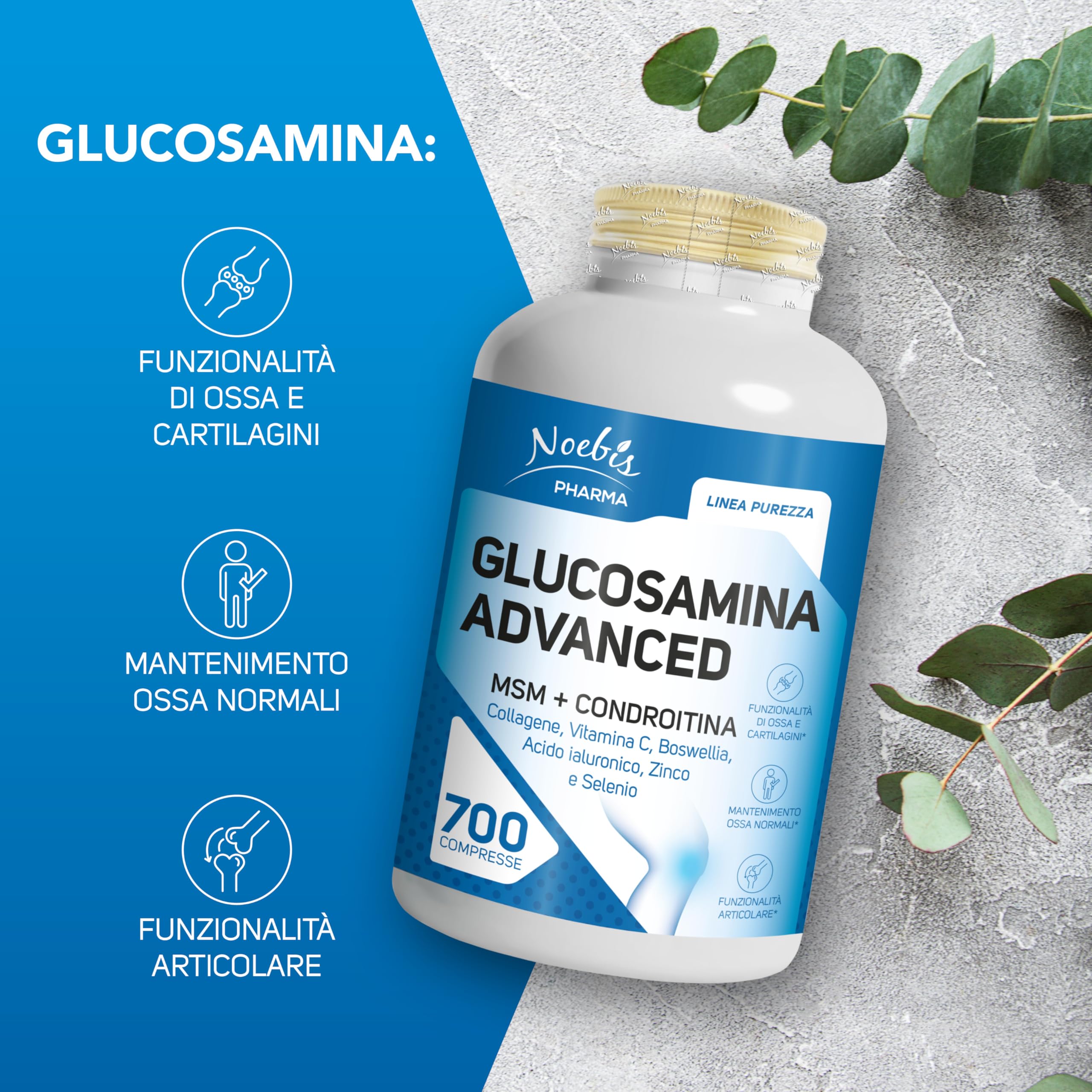 Glucosamina Advanced Noebis Pharma - Glucosamina, MSM, Condroitina, Collagene, Acido Ialuronico e Boswellia - 700 Compresse - Benessere Articolare
