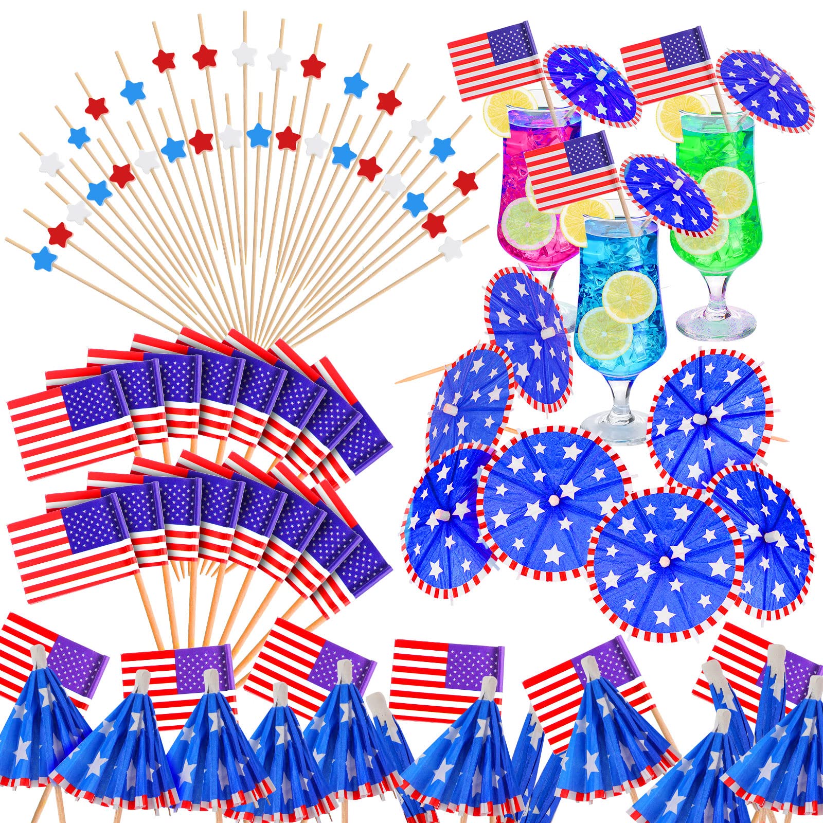 100 Pcs USA American Flag Toothpick 100 Pcs Star Cocktail Picks 50 Pcs 4th of July Drink Umbrellas Patriotic Party Toothpicks for Appetizer Bamboo Cocktail Toothpicks for Drinks Cupcake Topper Sticks