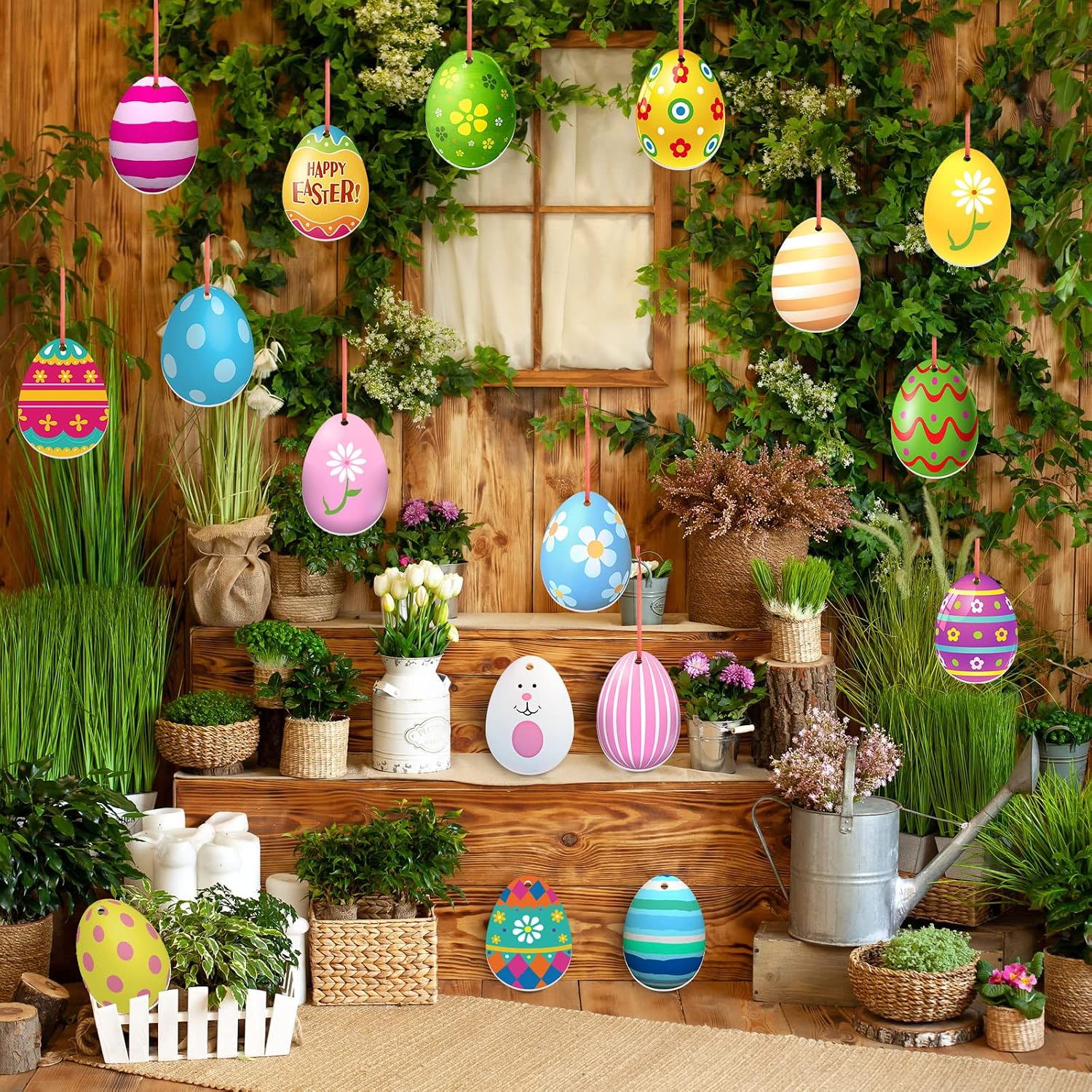 Rtteri 30 Pcs Easter Egg Outdoor Hanging Ornaments Colorful Double Sided Printing Tree Ornament Plastic Easter Egg Hanging Ornament for Porch Tree Yard Lawn Party image 5