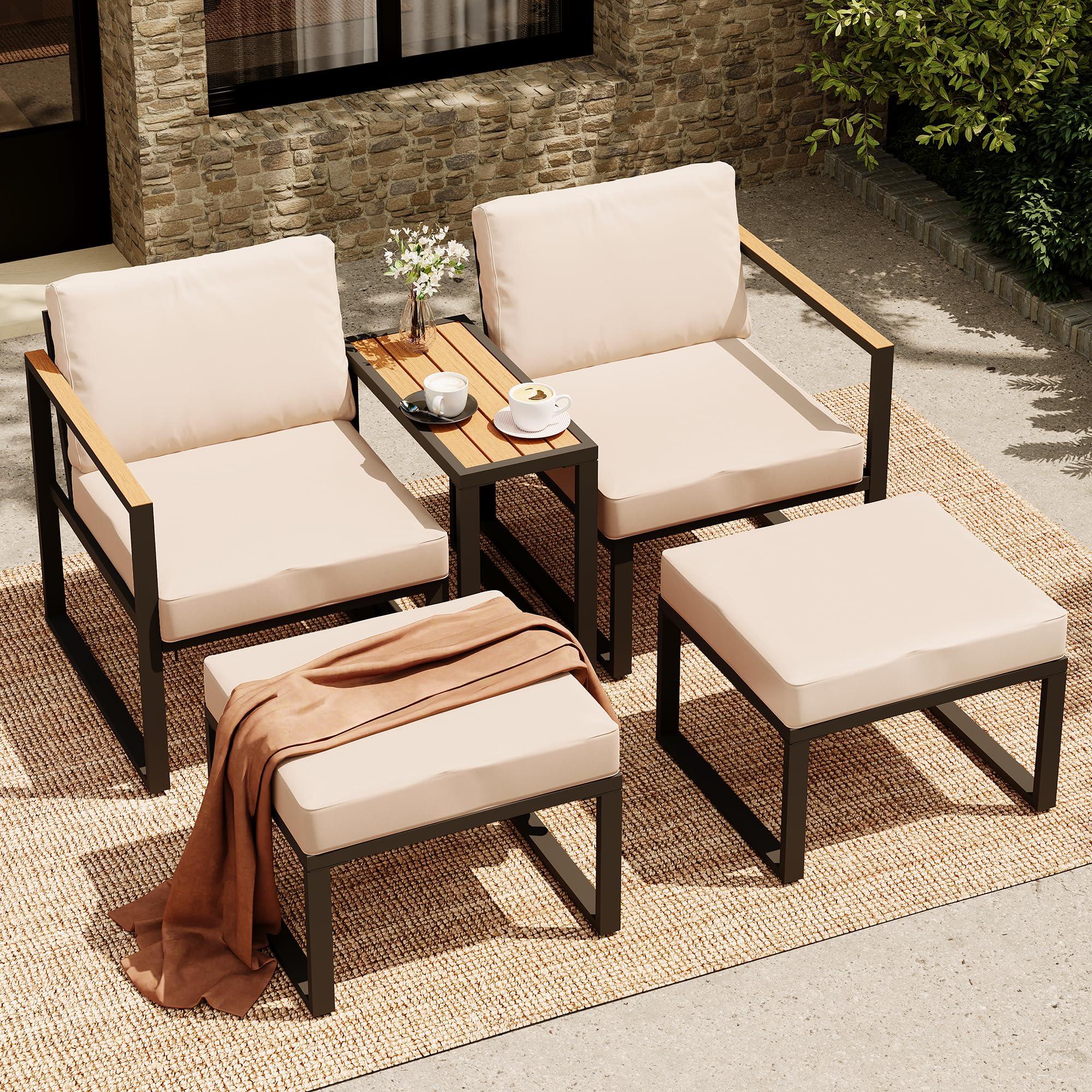 LAUSAINT HOME 5 Pieces Outdoor Conversation Set, Metal Patio Chairs with Thick Cushions 2 Ottomans&Side Table for Backyard, Poolside, Porch, Balcony (