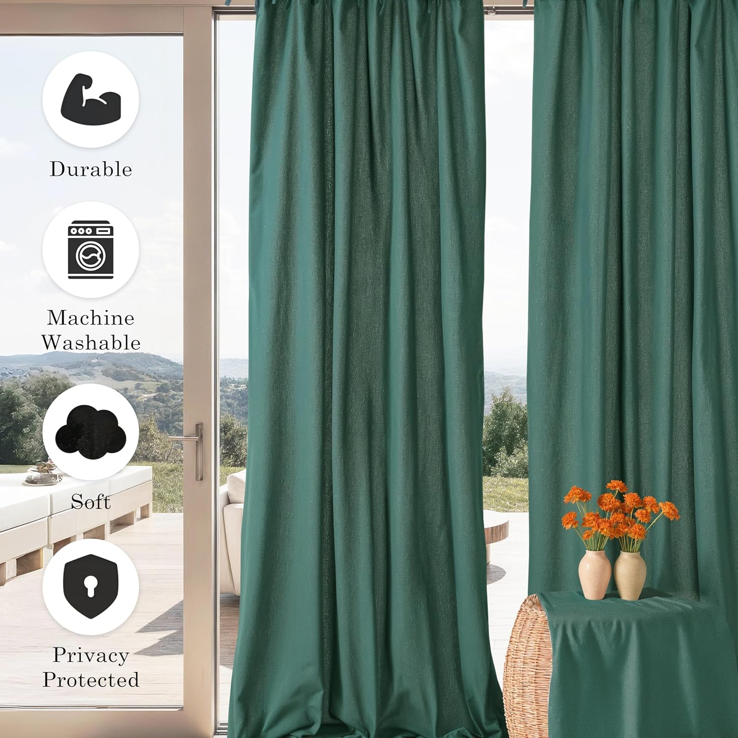 THE ART BOX Natural Gauze Blended Curtains Linen Sabsitute Energy Efficient Light Filtering Tie Top Door Window Treatment 2 Panel Drapes for Livingroom Forest Green, L 84" X W 42" Each Panel