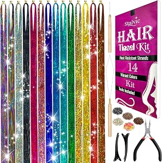 Hair Tinsel Kit – 14 Colors, Up to 7200 Heat-Resistant Strands (48 Inch) with Wooden Threader, Crochet Tool, Pliers, Hair Bands, Hair Clips & Beads – For Girls, Women & Kids