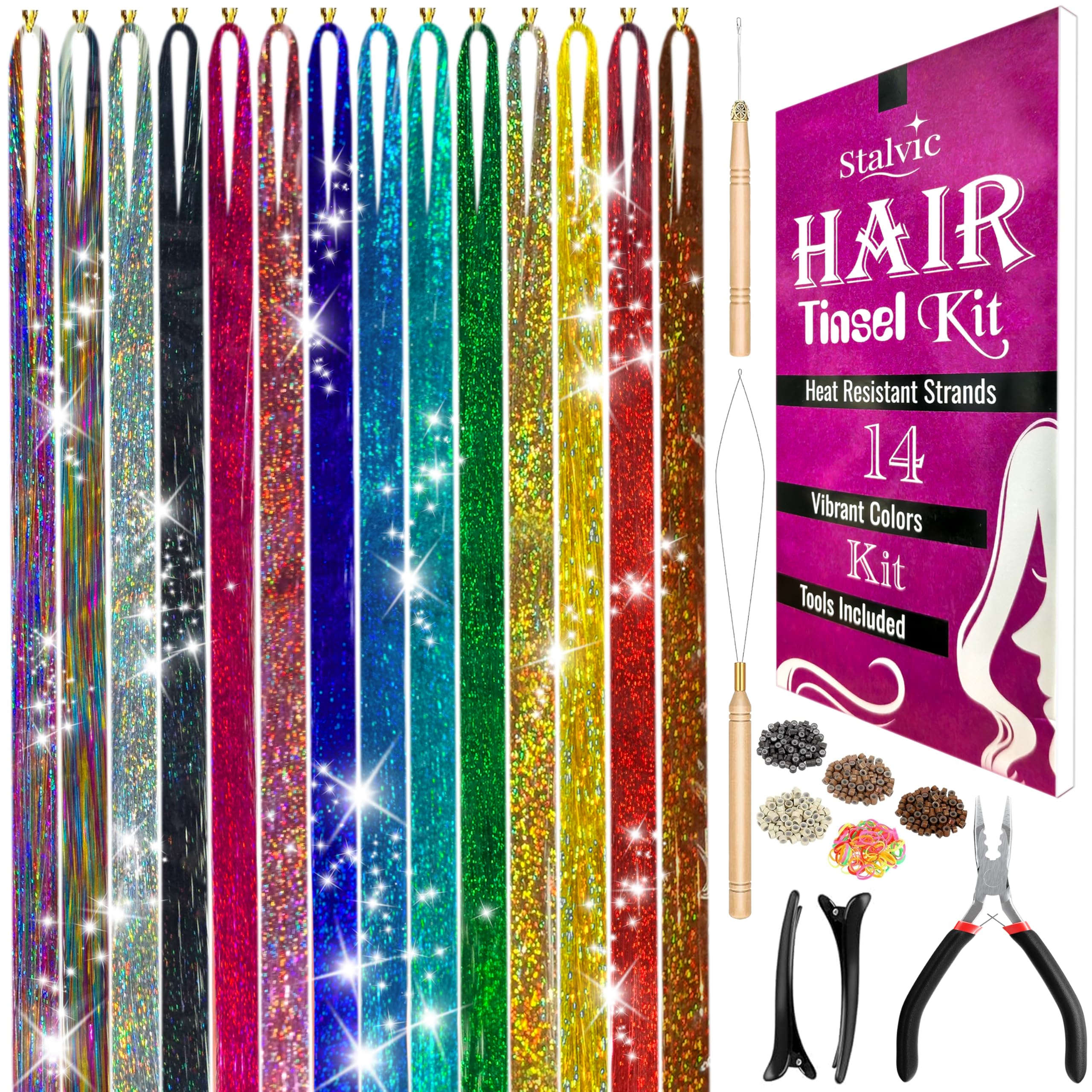 Hair Tinsel Kit – 14 Colors, Up to 7200 Heat-Resistant Strands (48 Inch) with Wooden Threader, Crochet Tool, Pliers, Hair Bands, Hair Clips & Beads – For Girls, Women & Kids