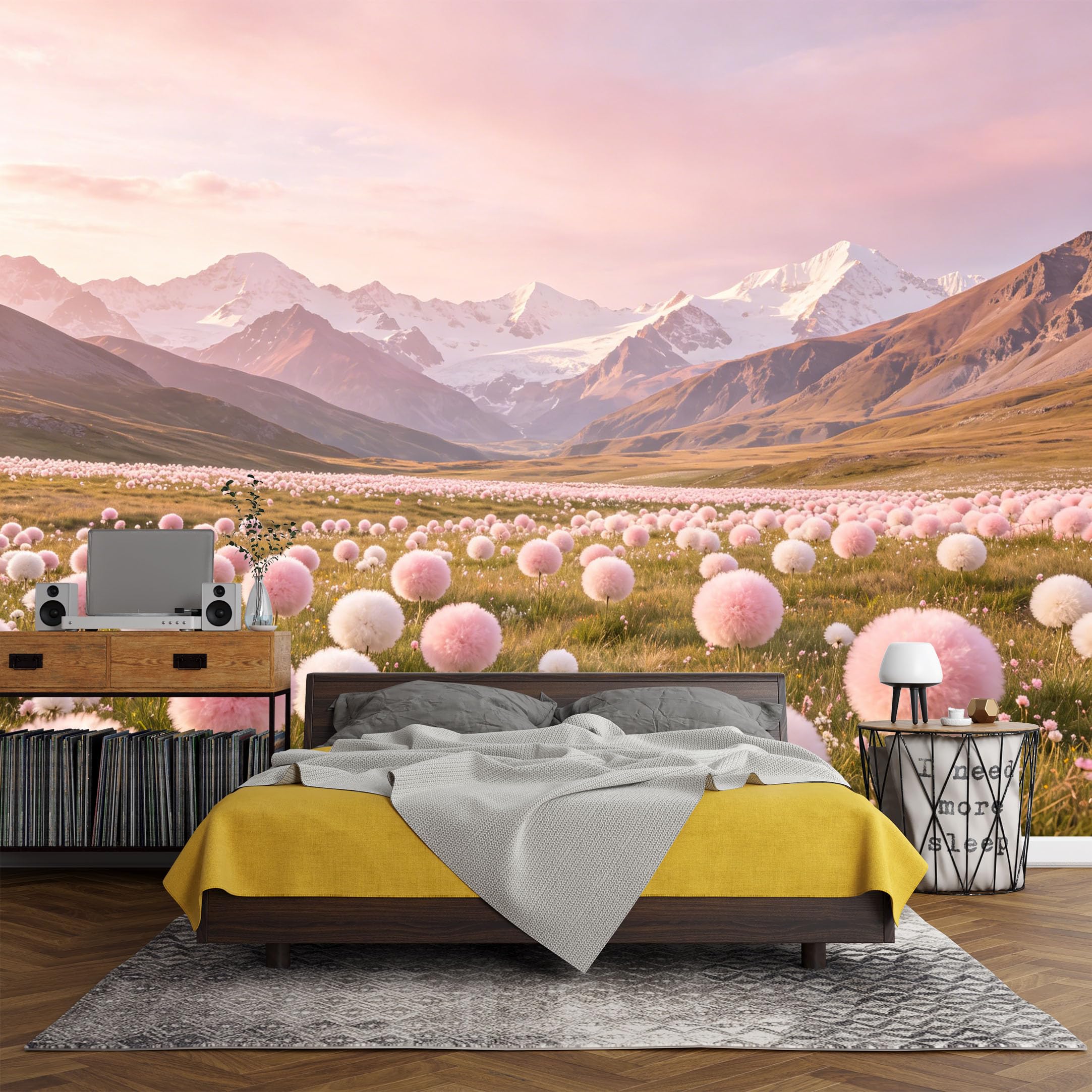 Custom Size Wall Mural， Landscape Pink Pastel Flower Meadow Snow Mountain Sunrise， SelfAdhesive Art Prints wall Fabric (No PVC) Removable Wallpaper Living Room Decor
