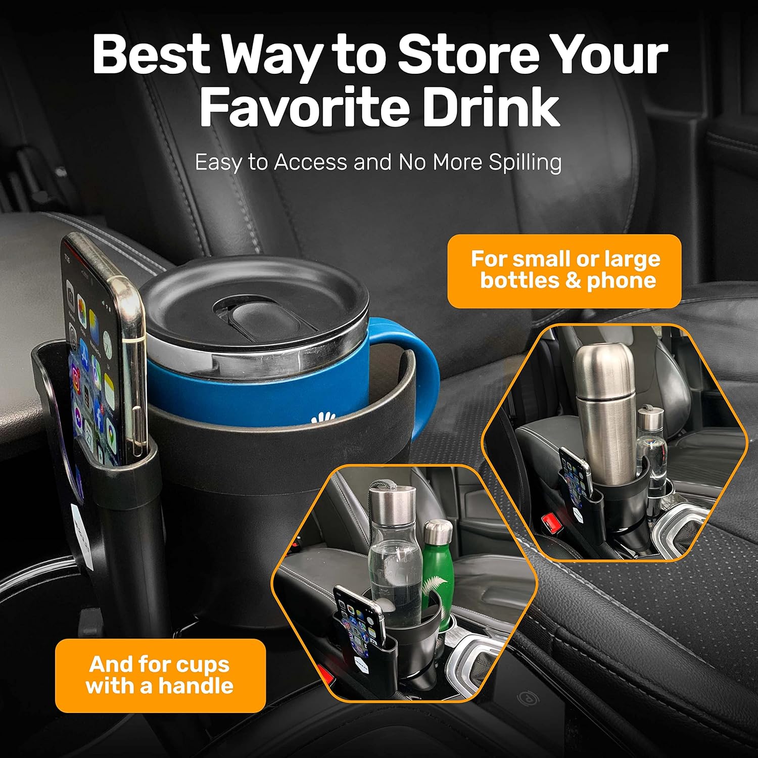 Nebulee Cup and Phone Holder Expander with adjustable base - Fits Mugs, Drinks, Big Bottles (12-40 oz) and Phones – All Purpose Car Cup Holder : Automotive