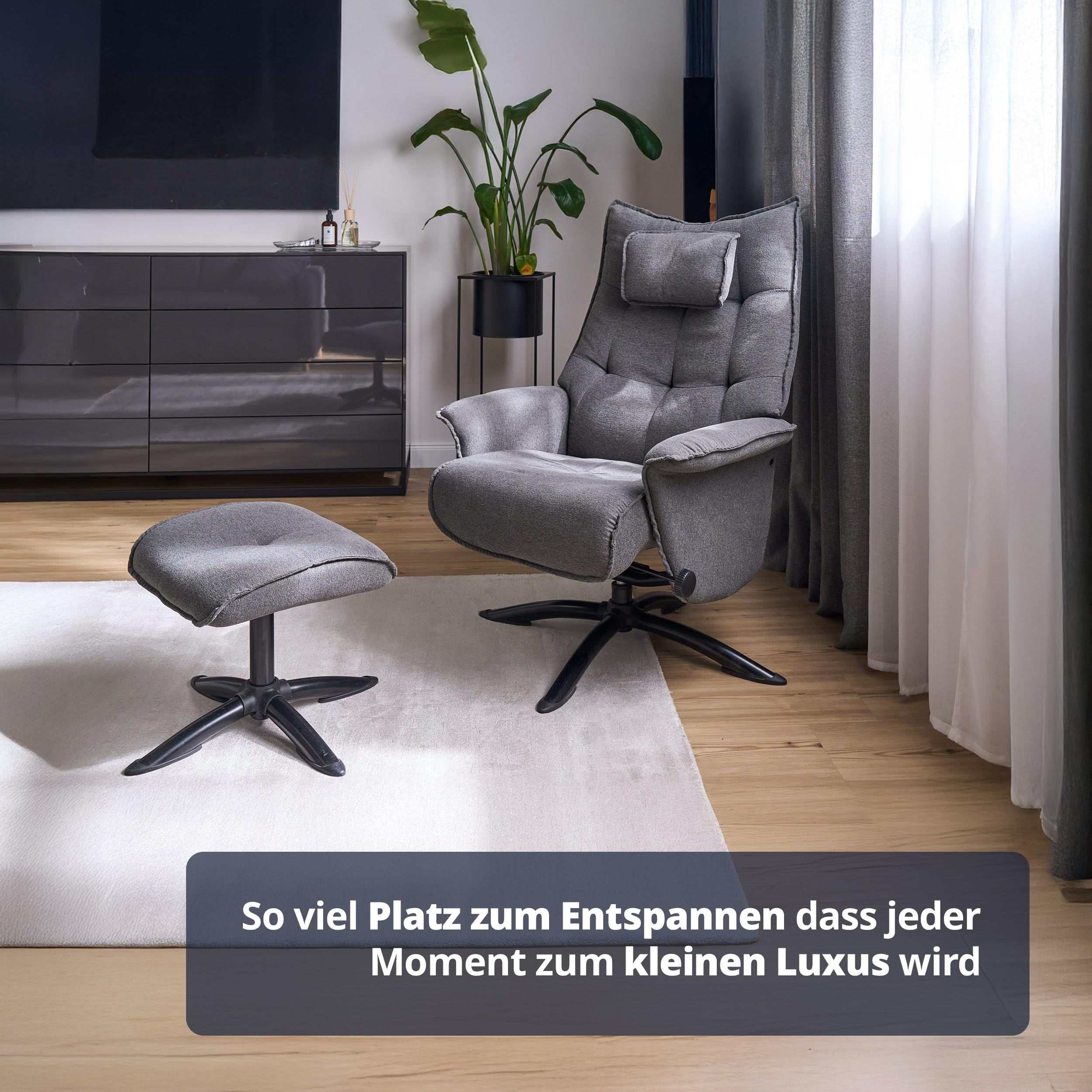 KHG Relaxsessel Grau Mikrofaser mit Hocker - hoher Rücken, weiches Nackenkissen & klappbare Lehne, Sitzhöhe ca. 47 cm, frei im Raum stellbar, Metall-Sternfußgestell, ideal für entspannte Momente