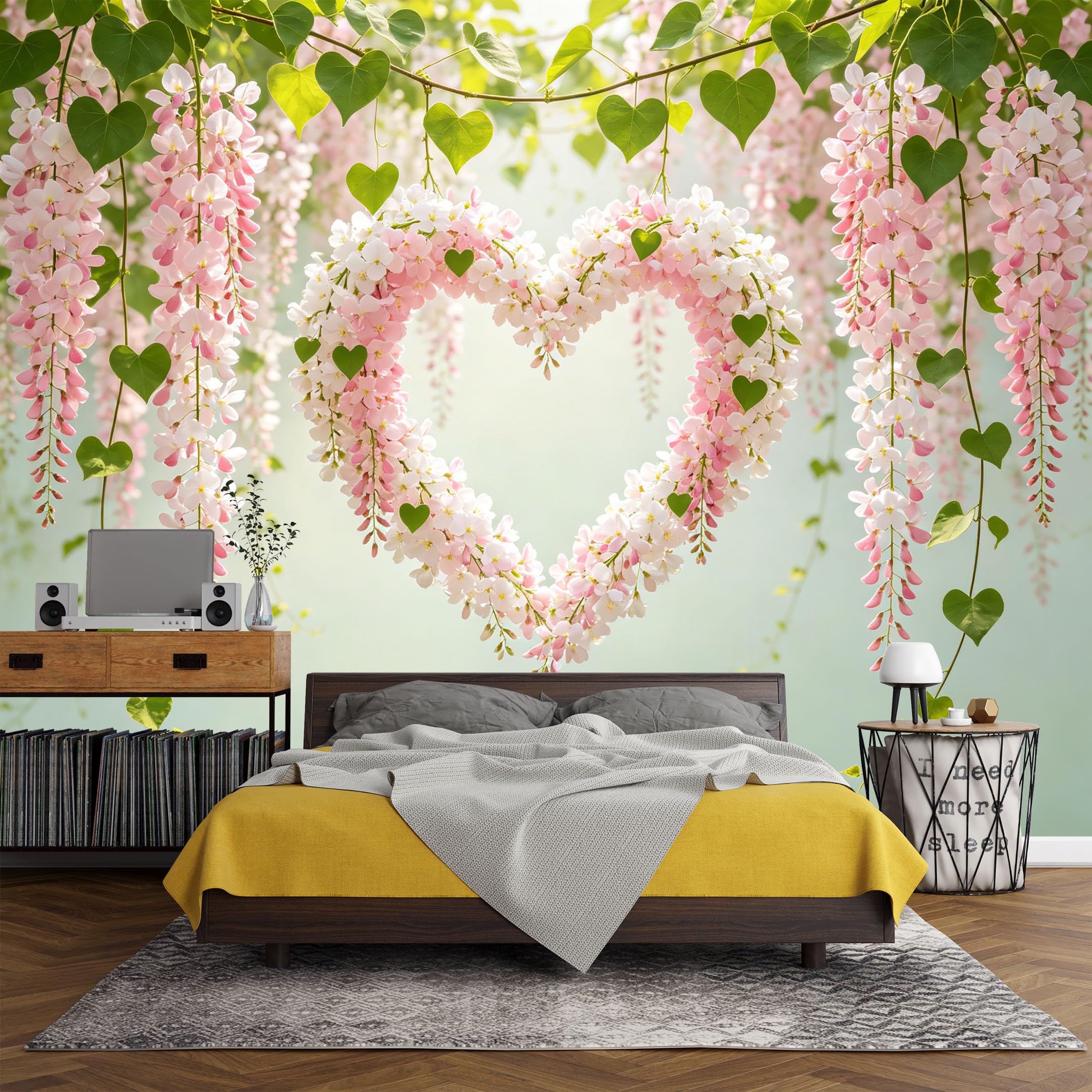 Custom Size Wall Mural， Botanical Pink Wisteria Heart Floral Vine Garden，SelfAdhesive Art Prints wall Fabric (No PVC) Removable Wallpaper Living Room Decor