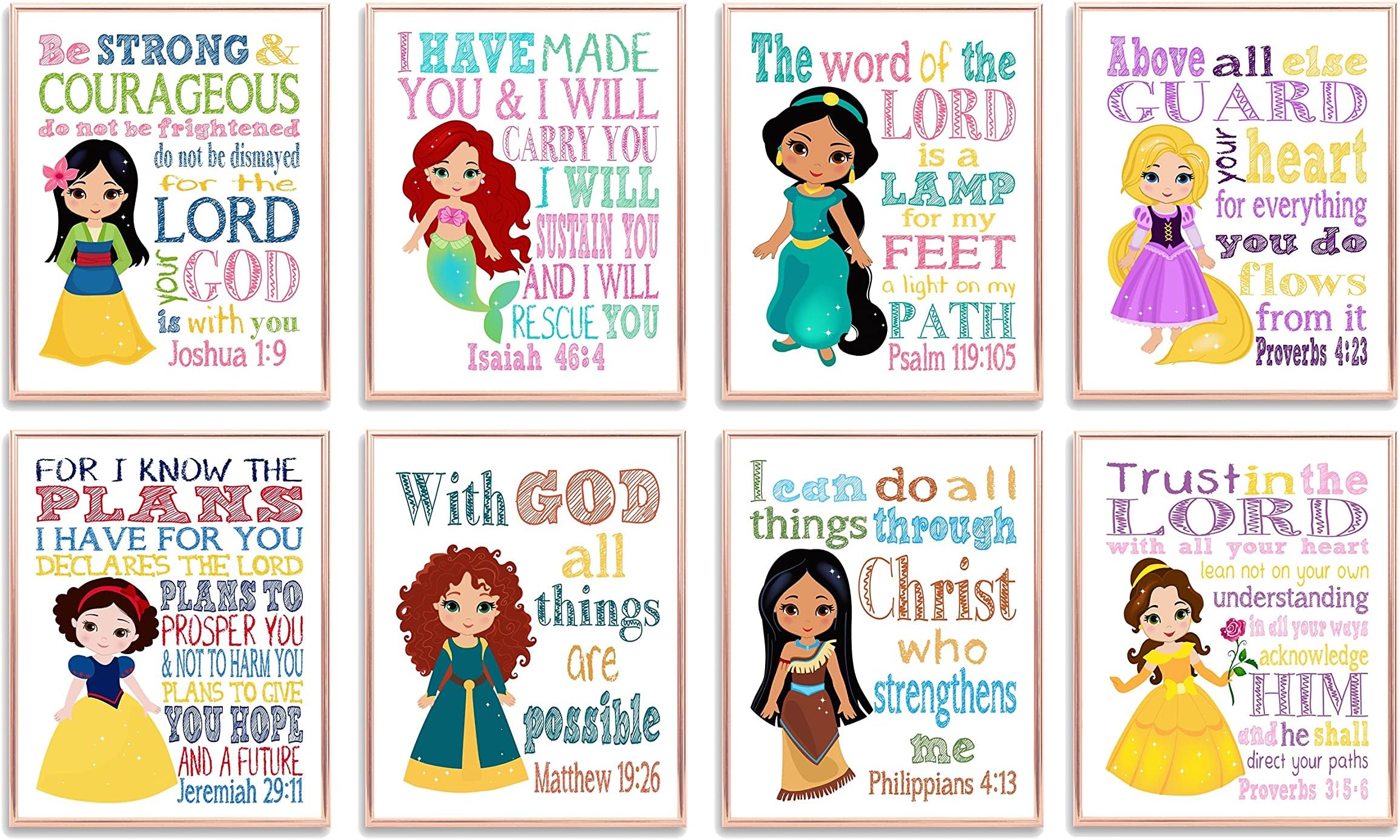 Princess Christian Nursery Decor Set of 8 Unframed Prints Mulan, Belle, Snow White and Merida with Bible Verses