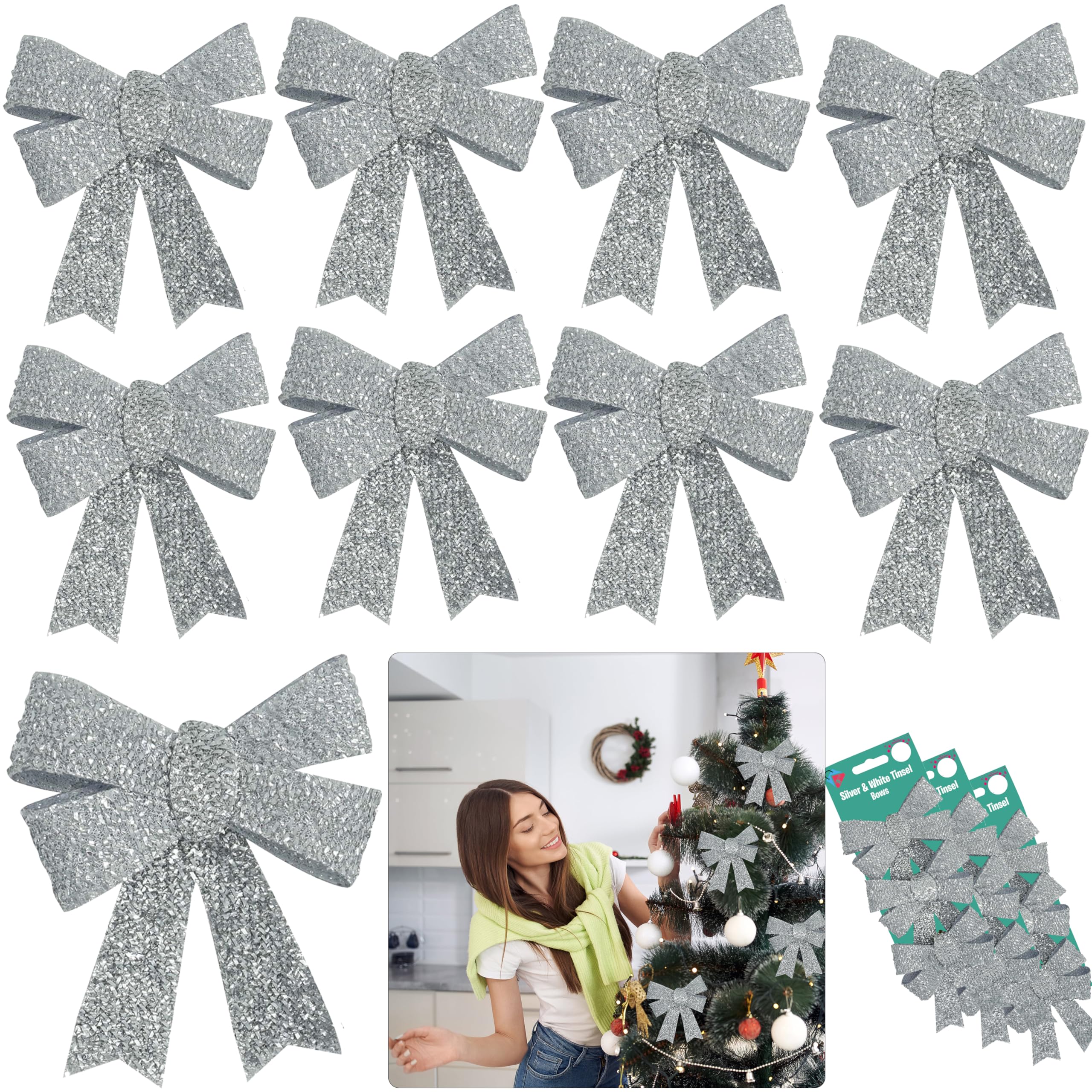 9Pk Silver Christmas Glitter Bows, 11cm Luxury Shiny Xmas Tree and Wreath Decoration Bows, Indoor Outdoor Holiday Decor for Home, Party Supplies, Festive Ornaments, Gift Wrapping Accessories
