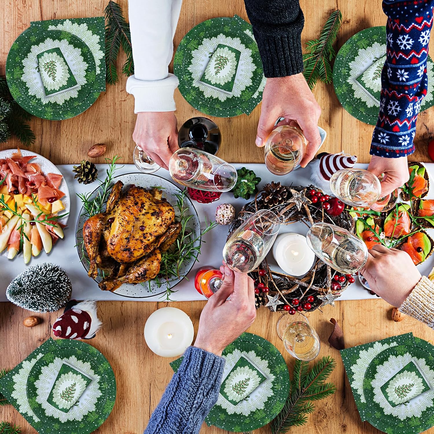 Christmas Party Plates Napkins Paper Cups Tableware Set 96 Pieces Paper Plates Disposable Green Christmas Tree Table Decorations Party Supplies - Image 6