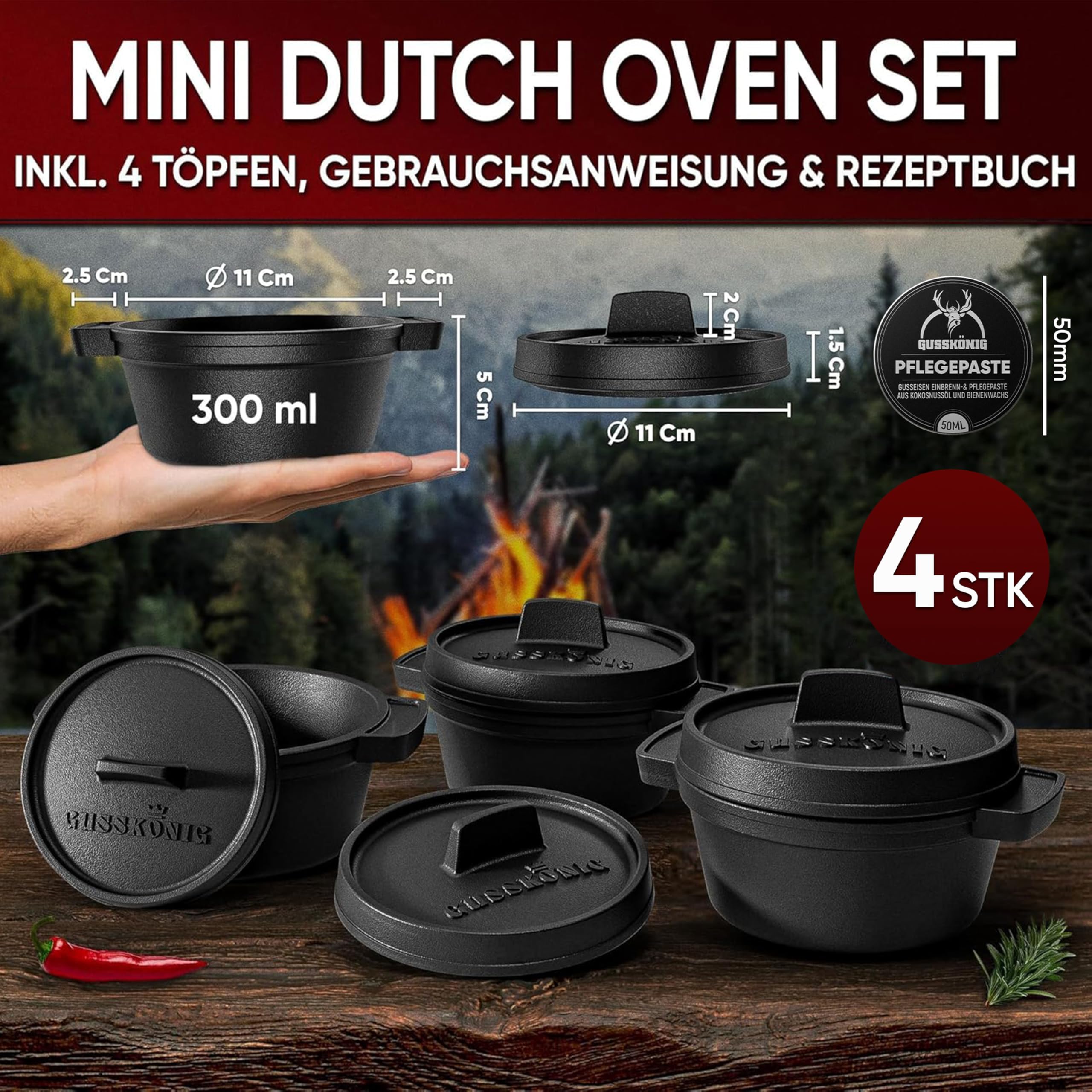 GUSSKÖNIG Dutch Oven Set Mini mit Holz-Untersetzer – 4x 300 ml Gusseisen Mini Topf mit Deckel–eingebrannter Mini Dutch Oven–Mini Cocotte Gusseisen Servierpfännchen–inkl. Pflegepaste–30 Jahre Garantie
