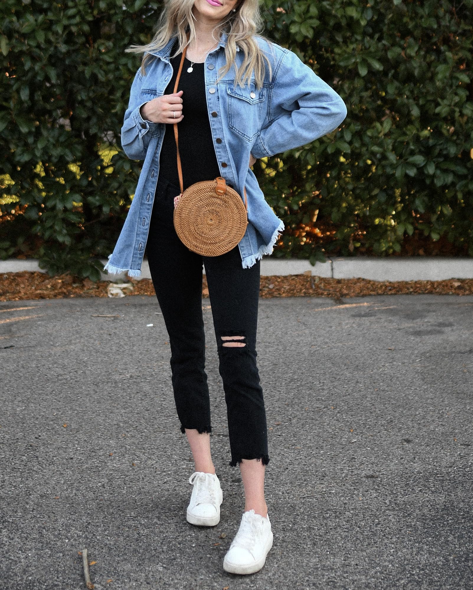 Vetinee Jeansjacke Damen Oversize Langarm Ripped Jean Jacken mit Tasche