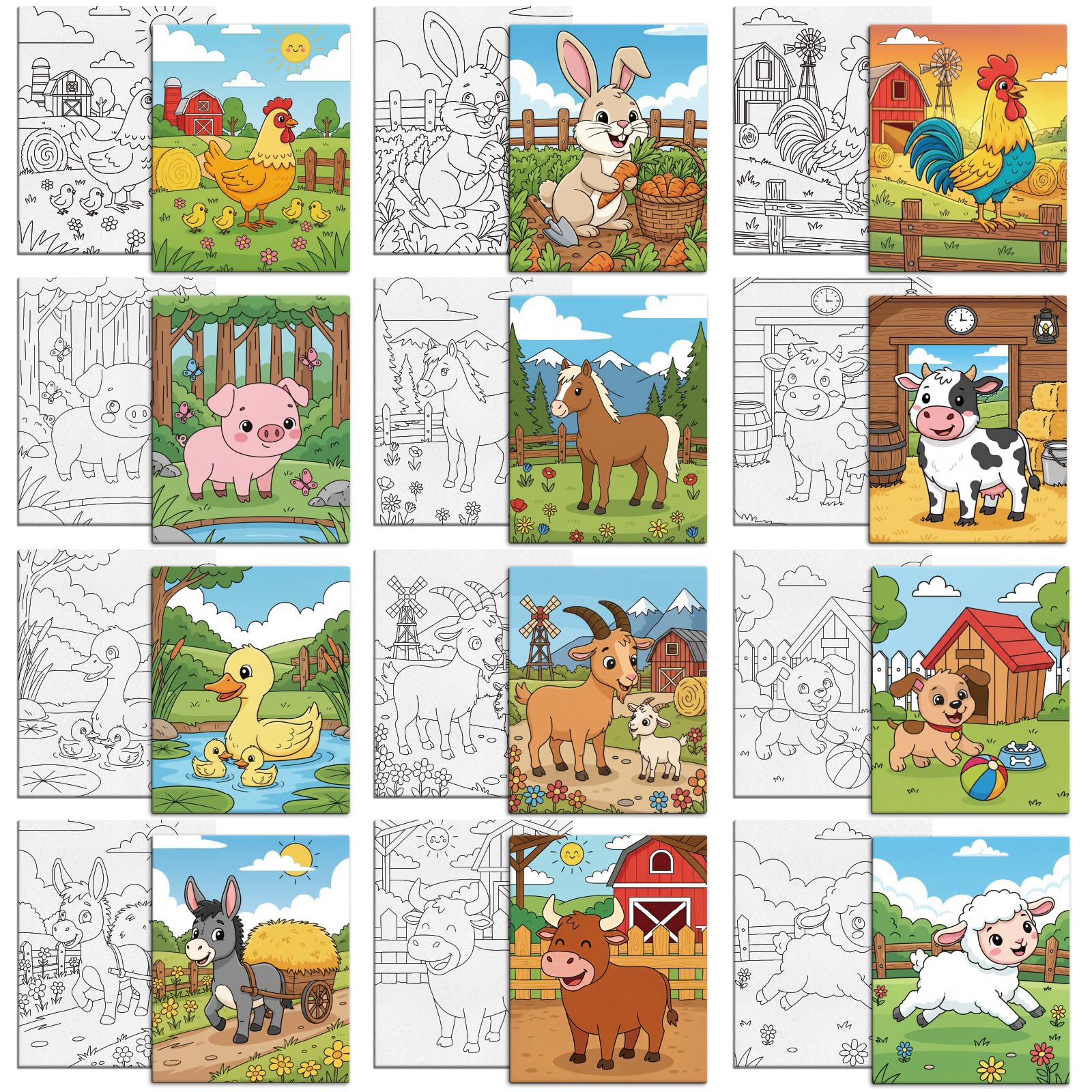 MAYJOYDIY 12 Pcs Farm Animals Pre Drawn Canvas to Painting Rabbit Carrot Pre Printed Canvas for Adults 25×20cm Chicken Duck DIY Paint Art Supplies for Beginners, Students, Party Gifts