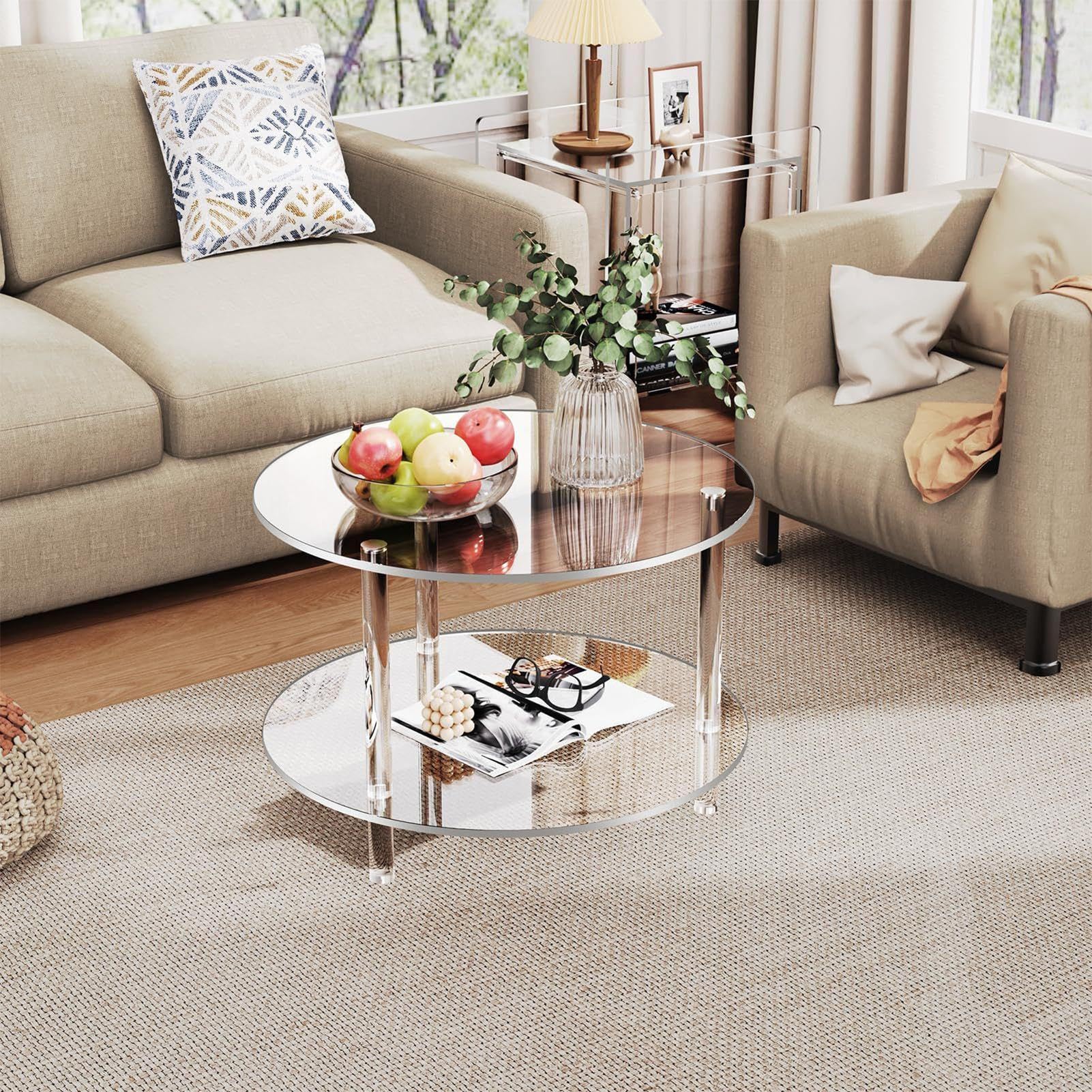 Generico Tavolino da Caffè Rotondo Tavolo Da Tè A 2 Livelli | 39.9 x 39.9 x 41.9 cm Comodino in Acrilico Trasparente, Arredamento Moderno per Studio Camera da Balcone Giardino