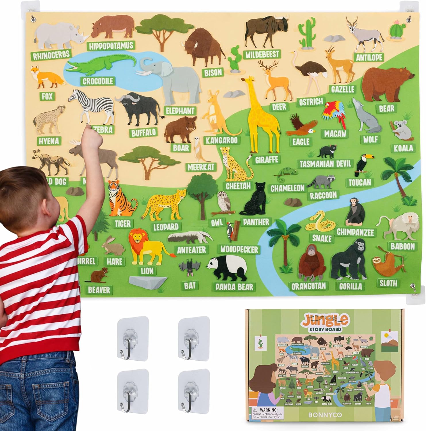 BONNYCO Felt Board for Toddlers with 116 Jungle Animals Figures. Montessori and Sensory Toys, Birthday Gifts for Kids 3-8 Years Old. Educational Games Learning Activities Christmas