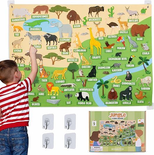 BONNYCO Felt Board for Toddlers with 116 Jungle Animals Figures. Montessori and Sensory Toys, Birthday Gifts for Kids 3-8 Years Old. Educational Games Learning Activities Christmas
