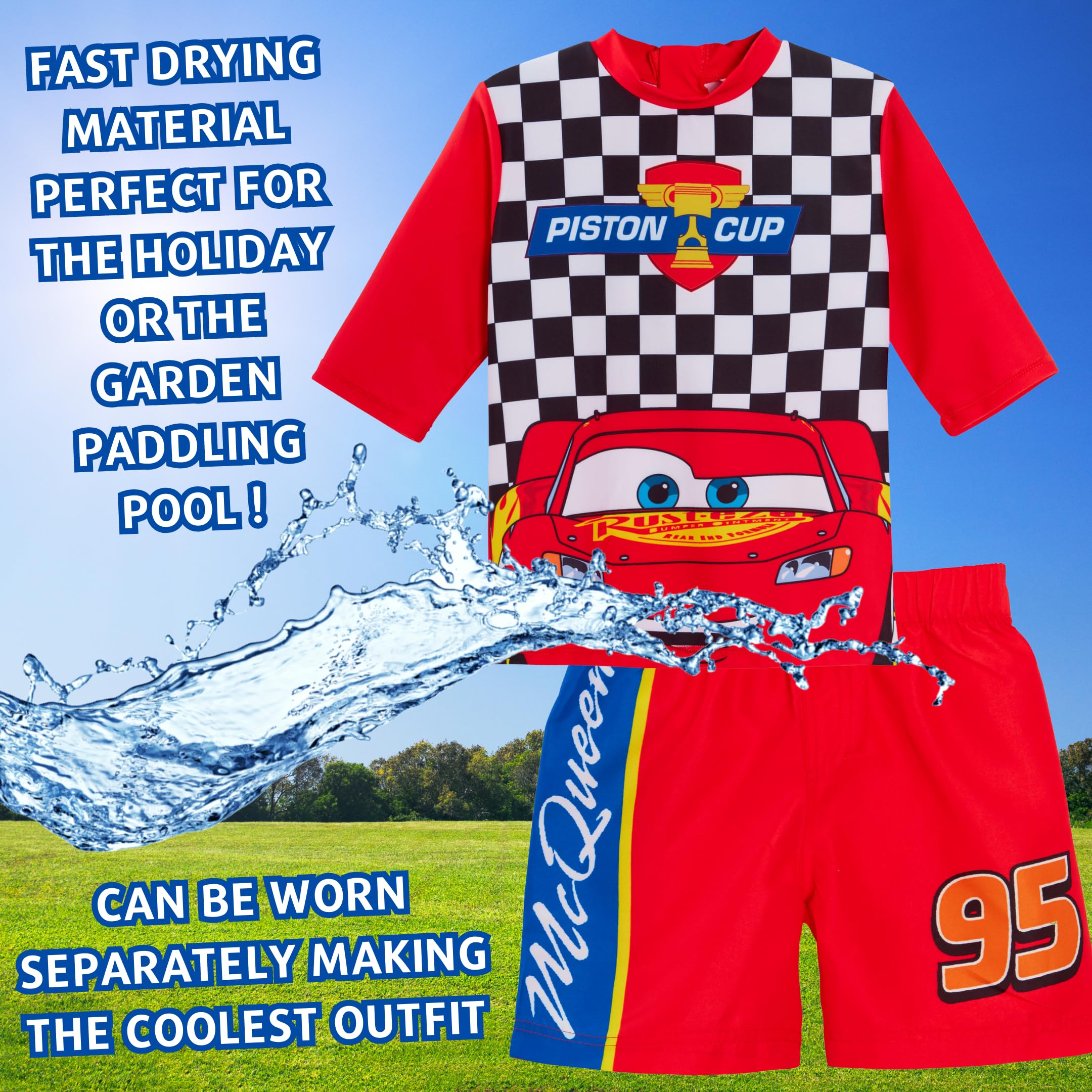 Szorty kąpielowe chłopięce Cars + Rash Vest Lighting McQueen, 2-częściowy zestaw kąpielowy dla dzieci, do surfowania + szorty, zestaw do pływania