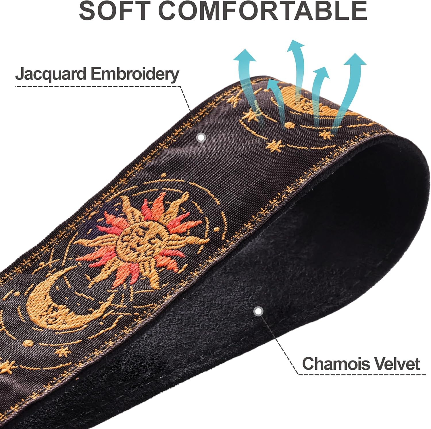 Padwa Lifestyle Helios Moon God Camera Strap -2" Full Grain Leather Ends Camera Straps for Photographers, Vintage Embroidered Cotton Weave Soft Suede Fabric Padded Strap Quick Release fits All Cameras - Image 3