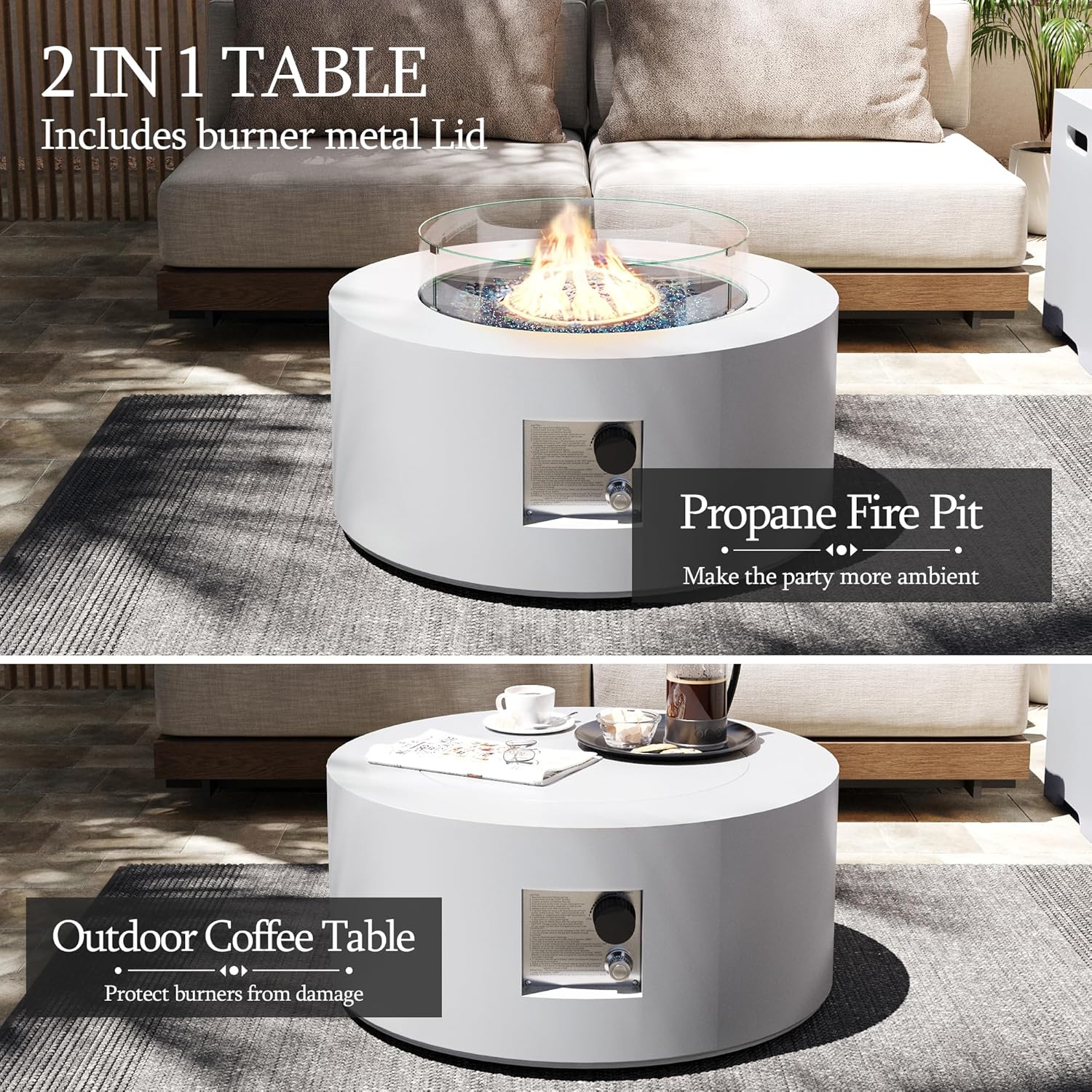 UPHA 28-inch Outdoor Propane Gas Fire Pit Table 40000 BTU Iron Round Firepit for Outside Patio with Tank Hidden Table, Wind Guard, Removable Lid, Blue Glass Rocks, Rain Cover, White
