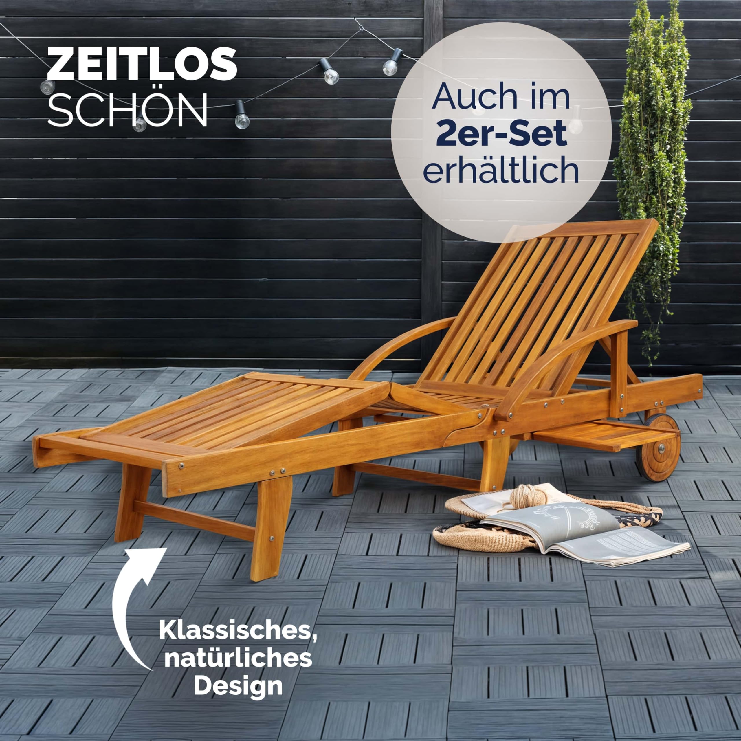 Casaria® Sonnenliege Klappbar Wetterfest Holz Gartenliege 160kg Belastbar mit 2 Räder Ablage Tisch Liegestuhl Verstellbare Rücken- Fußlehne Garten 196cm