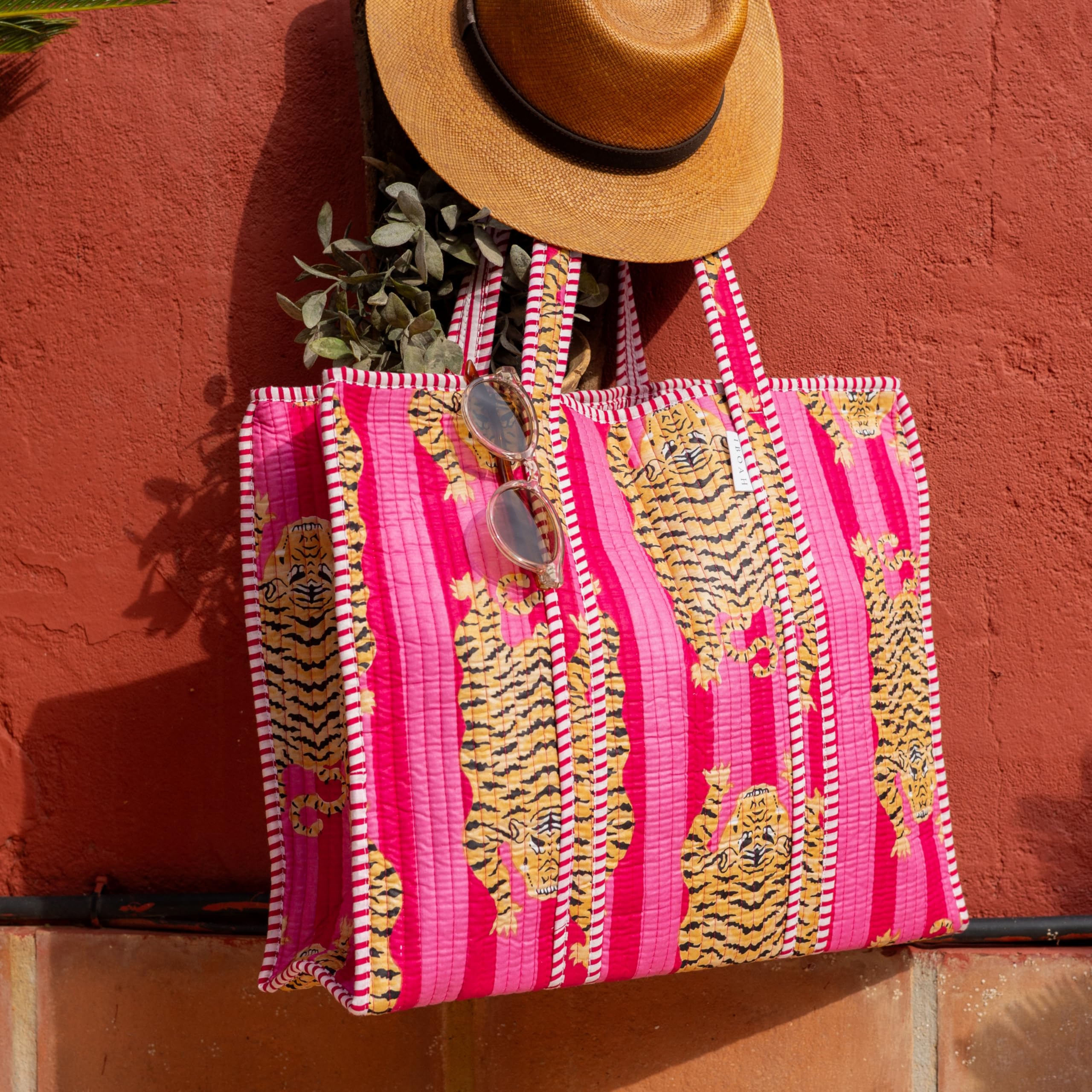 Handtasche aus Baumwolle mit Tigermuster, groß, gepolstert, handgefertigt