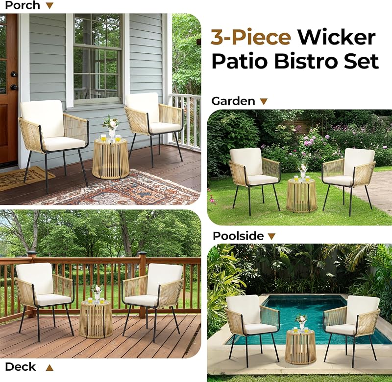 Yaheetech 3 Piece Patio Rattan Bistro Set, Outdoor All Weather PE Wicker Conversation Furniture Set with 2 Chairs & Tempered Glass Top Table & Cushions, for Poolside/Porch/Garden/Yard, Tan/Cream image 6