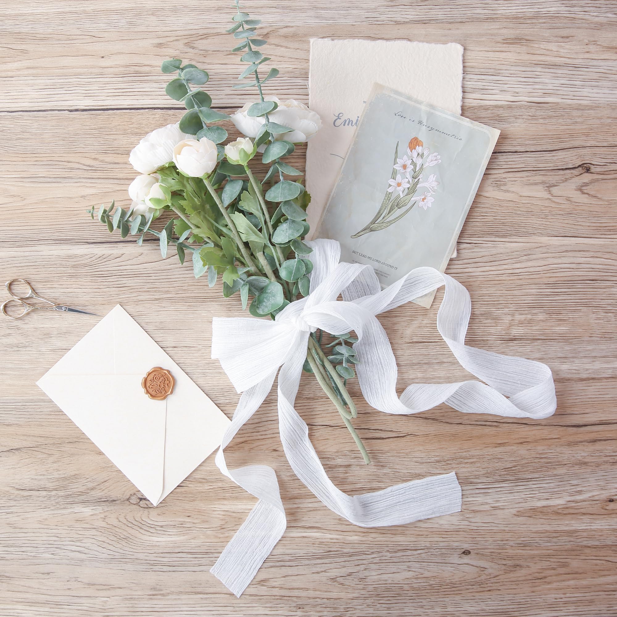 Keypan Cinta de gasa blanca arrugada de 1 1/2 pulgadas, hecha a mano, cinta de seda para ramo de flores de novia, decoración de boda, envoltura de regalos, 3 rollos de 9 yardas