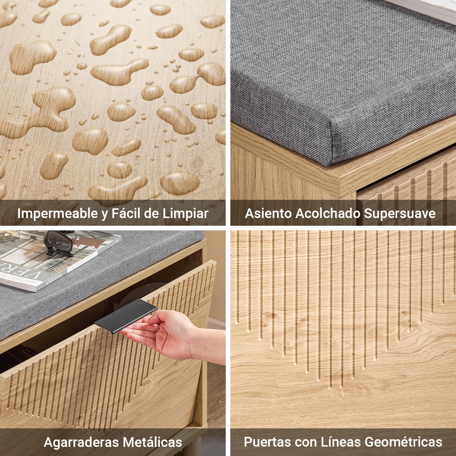 SoBuy Banco Zapatero con Asiento y Almacenaje - Zapatero Entrada Recibidor Compacto con Cojín Gris y Acabado Madera Clara Dormitorio y Recibidor, 60x24x50cm, Capacidad 118kg, FSR199-N