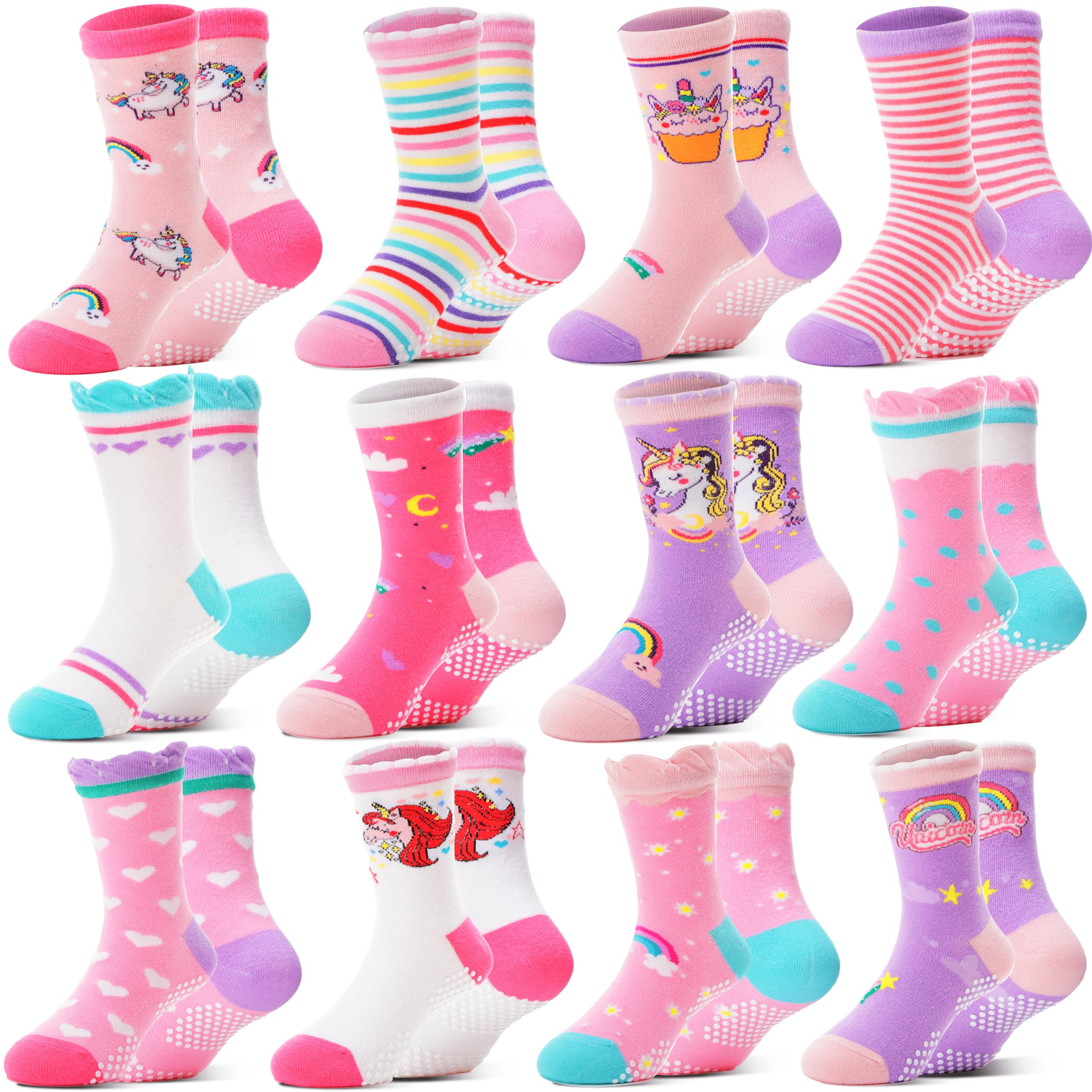 Welwoos 12 Paare Stoppersocken Kinder Baby Mädchen Socken Antirutschsocken Kinder Anti Rutsch Baumwolle Lustige Socken für Kinder Mädchen Kleinkind