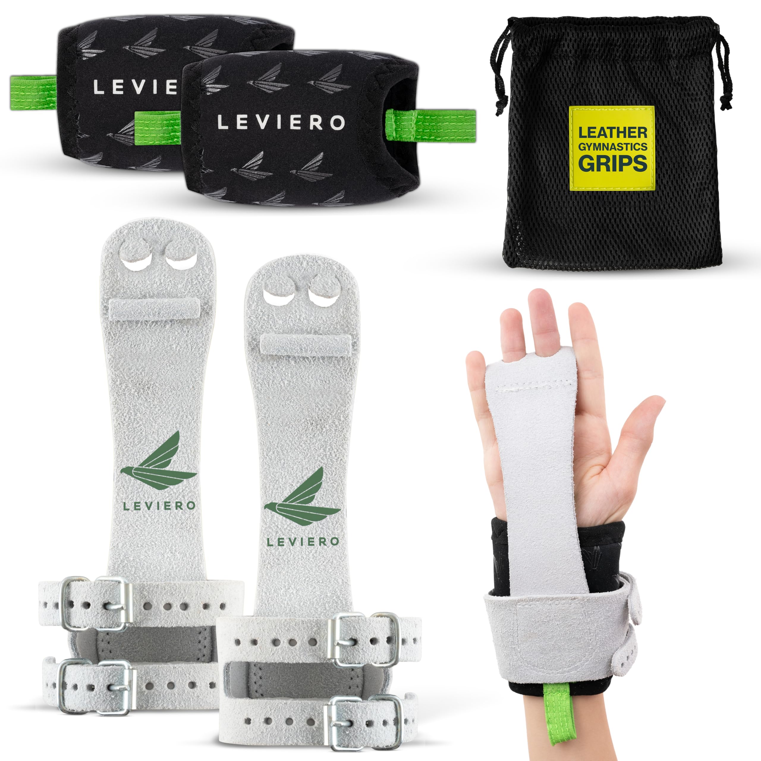 LEVIERO Gymnastics Grips Set Narrow Squeeze, Grips for Gymnastics Girls, Dowel Grips with Soft Leather, Double Buckle Wrist Closure, and Adjustable