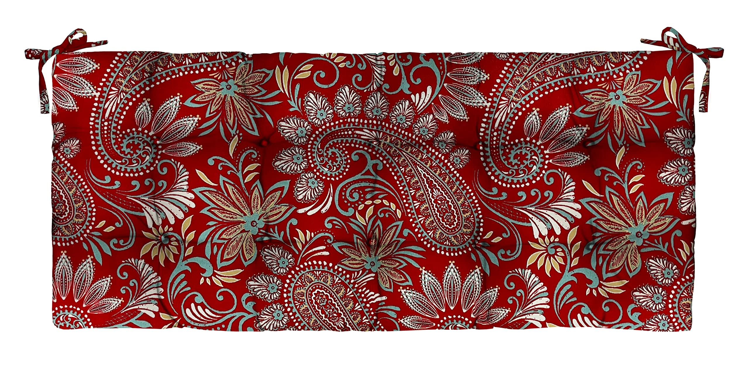 RSH Décor Indoor Outdoor Tufted Bench Cushion with Ties (36” x 14”), (Eastman Berry Red Paisley)