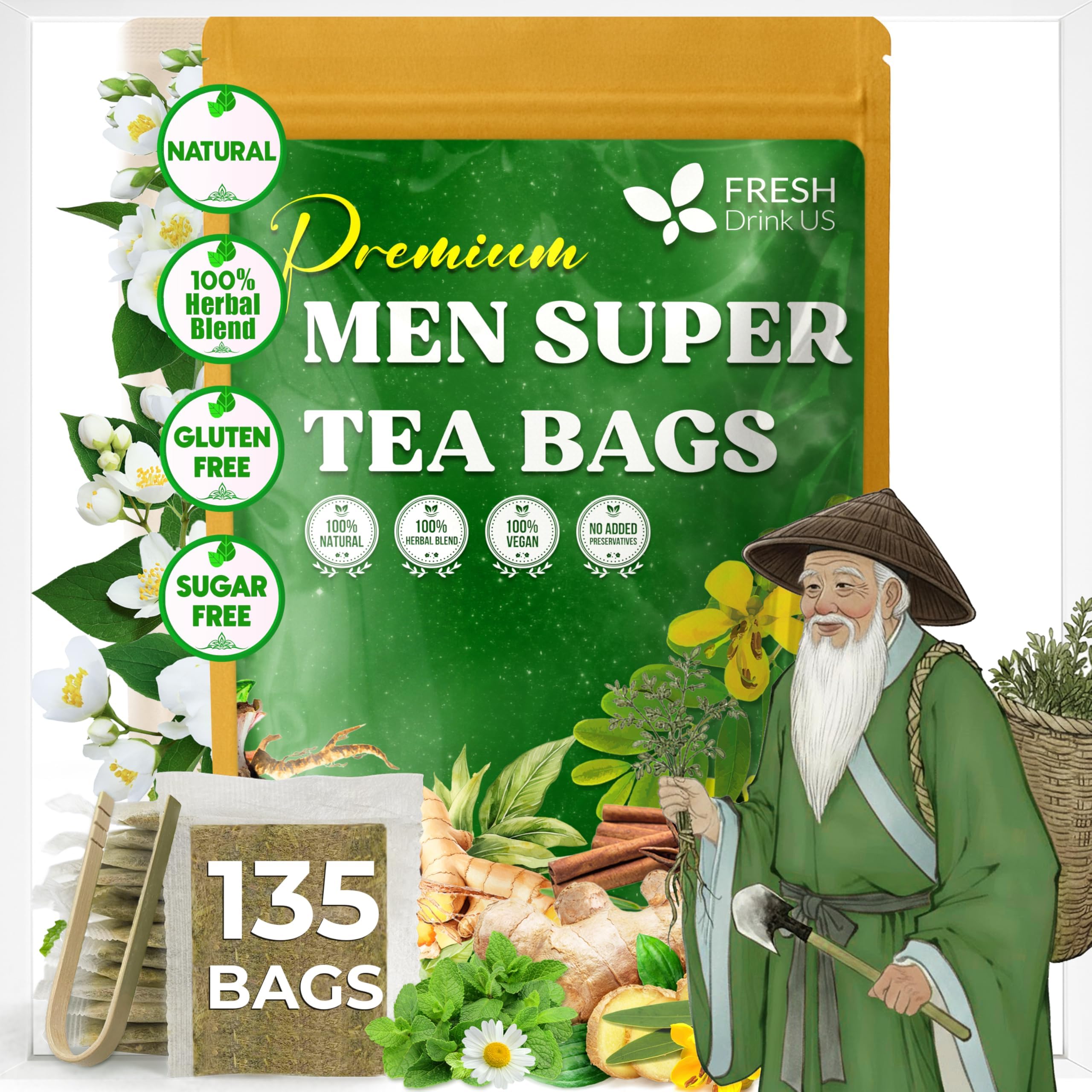 FreshDrinkUS, Premium 135 Tea Bags Men Super Tea – Herbal Blend with Senna, Dandelion Root, Ginger, Peppermint & More – 100% Natural, Sugar-Free. Caffeine-Free. Gluten-Free. Vegan