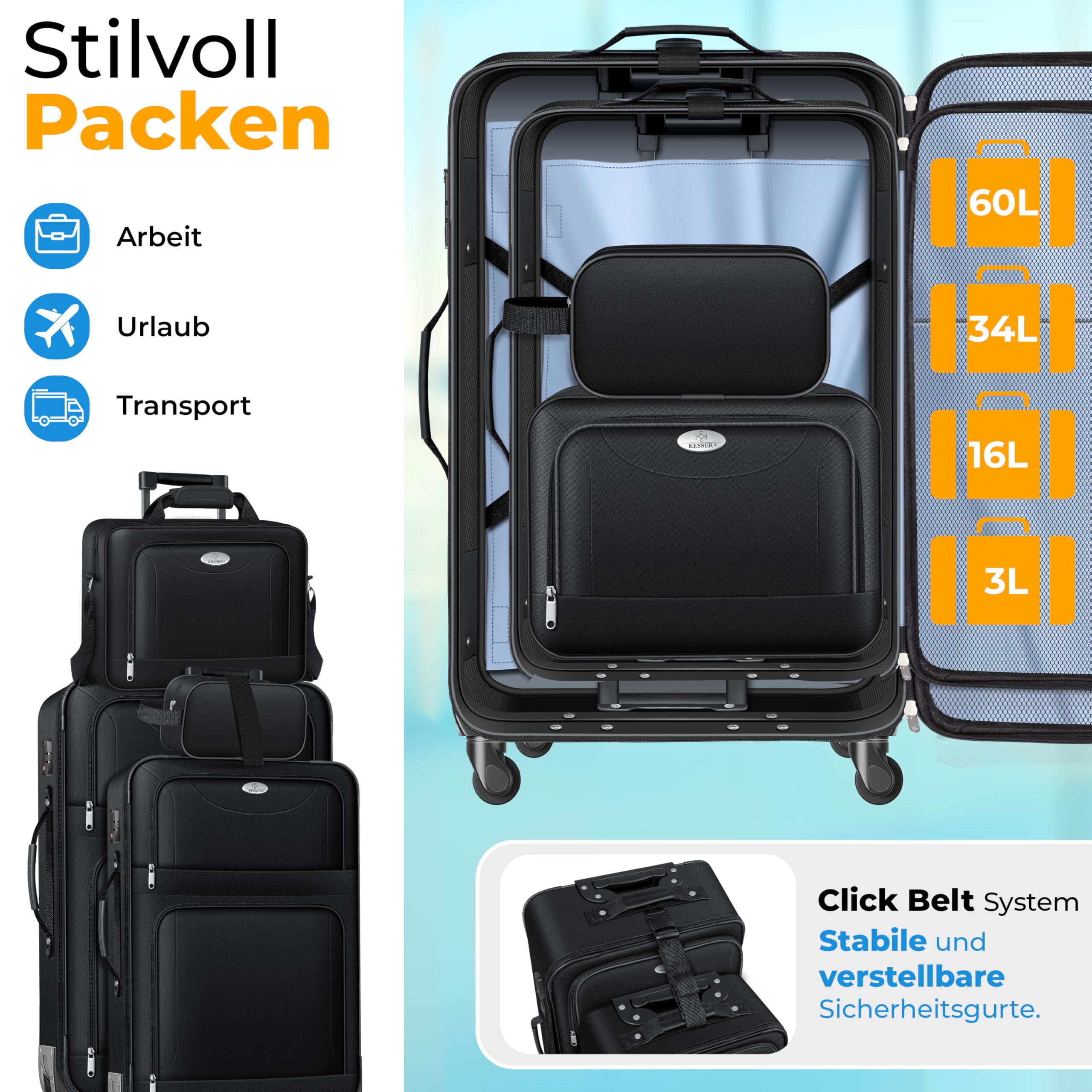 KESSER Set di valigie da viaggio da 4 pezzi | Valigia in tessuto con 3 cifre TSA, ruote a 360° e manico telescopico | Beauty case portatile bagaglio leggero e grande valigia per affari e viaggi, Nero