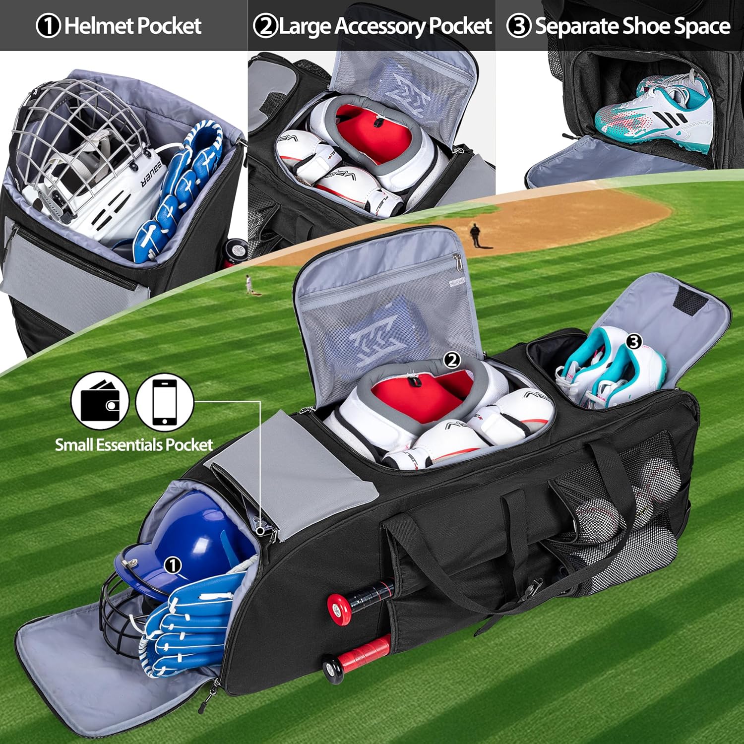 Rolling Baseball Bag for 4 Bats, Black Softball Bag with Wheels, Large Baseball Equipment Bag with Separate Shoe Compartment and Glove Pocket