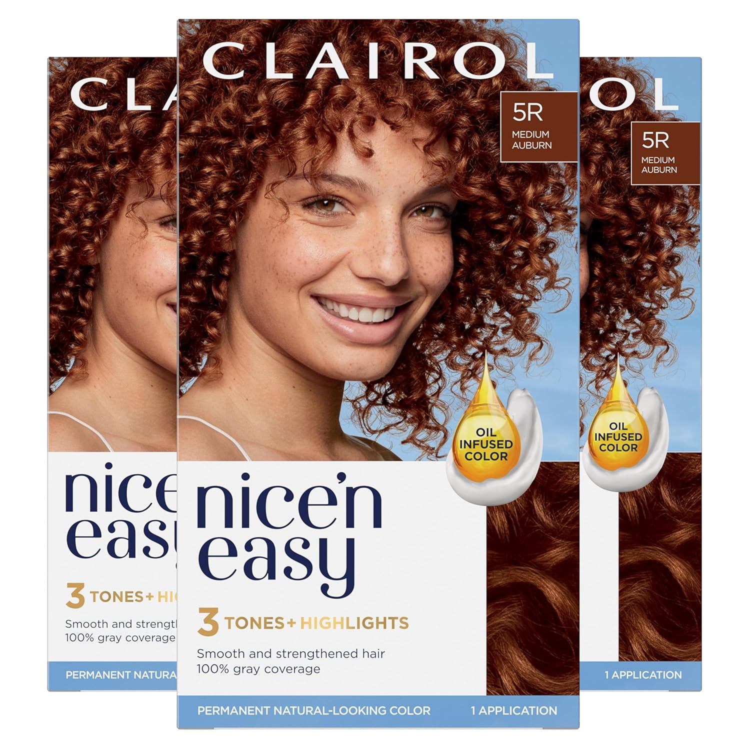 Clairol Nice'n Easy 5R Medium Auburn Permanent Hair Dye, Pack of 3 - Natural Highlights & 100% Gray Coverage