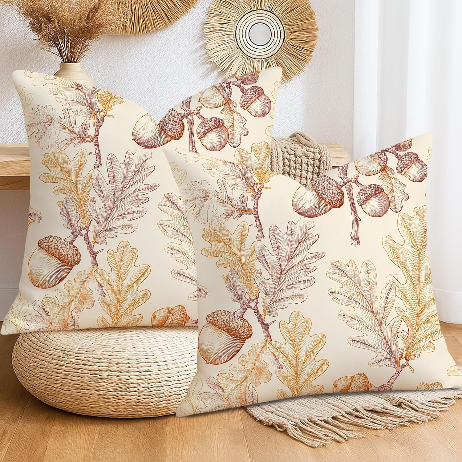 Autumn Acorn and Leaves Pillow Covers Set of 2, Warm Beige Fall Decor Cushion Cases, Rustic Leafy Throw Pillows for Home Sofa Bed Couch 28x28 Inch