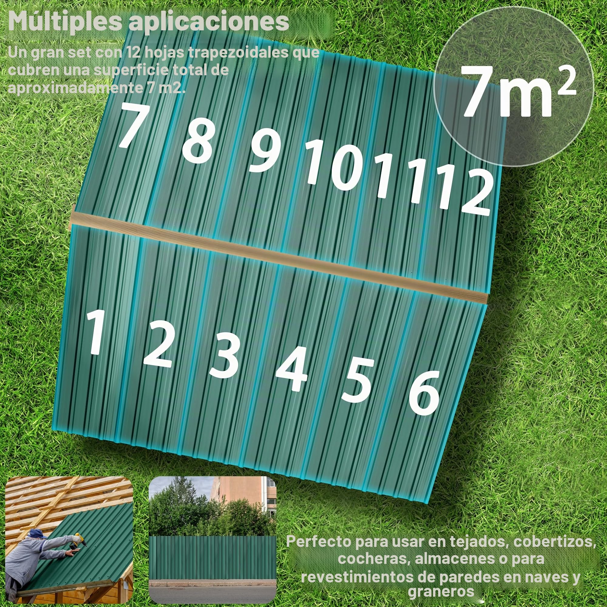 ACXIN 12 láminas perfiladas trapezoidales de 129,5 x 45 cm = 7 m², galvanizadas, placas onduladas, chapa de acero galvanizado, para cobertizo y cochera, con tornillos y guantes de montaje, color verde