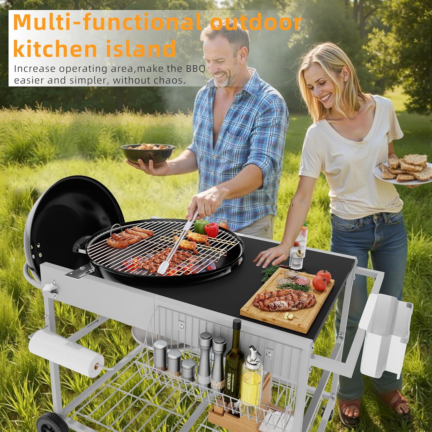 Vongrasig Grill Table for Weber Kettle 18" & 22", Outdoor BBQ Grill Cart for Weber Original Kettle,Jumbo Joe,Master-Touch Charcoal Grill, Outdoor Kitchen Island with Storage