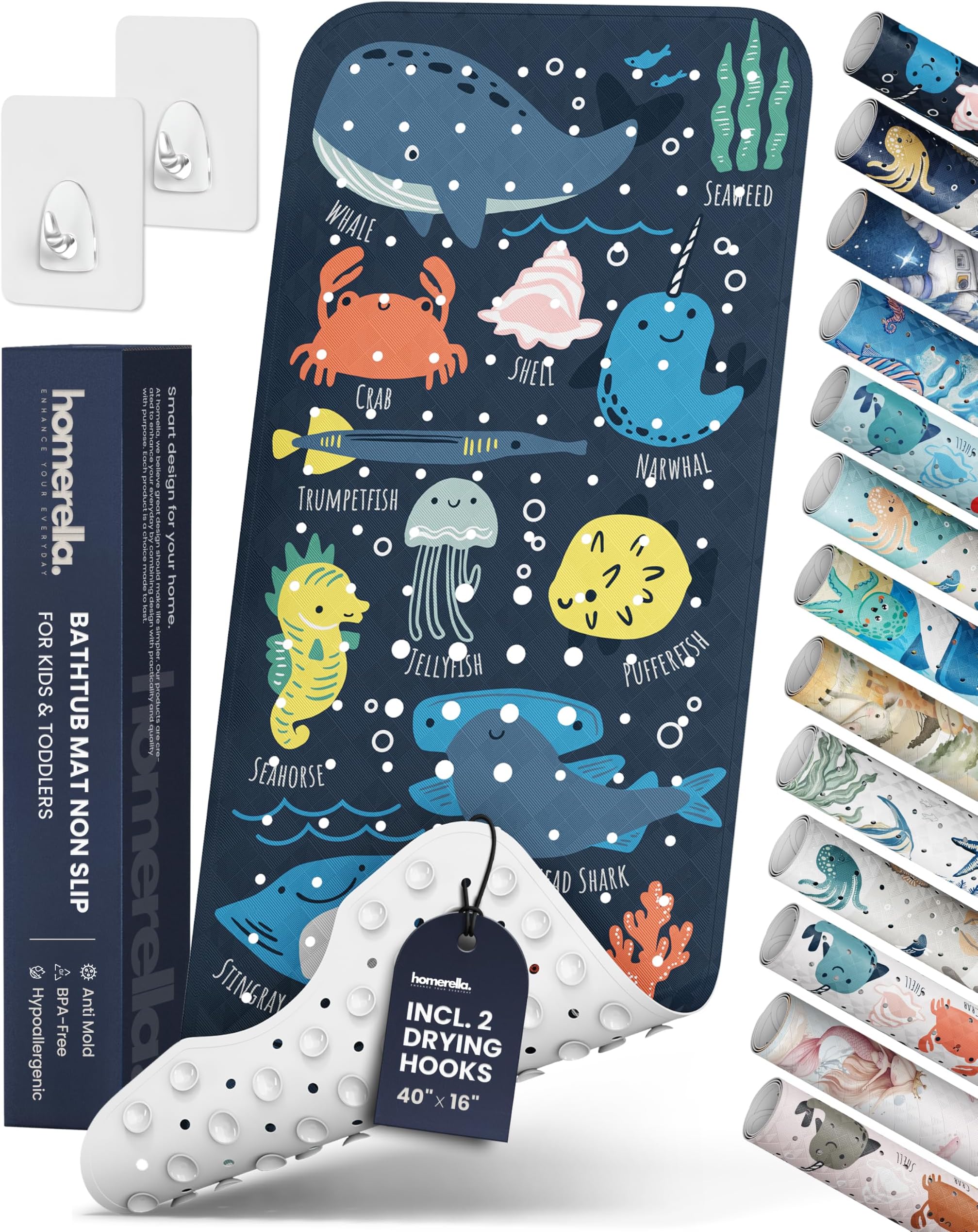 homerella Bathtub Mat Non Slip Kids 40x16 Baby Bath Mat Non Slip Anti Mold | 100% BPA Free, Non Toxic, Mildew Resistant, Machine Washable, Extra Long Kids Bath Mat for Tub Non Slip, Toddler Bath Mat
