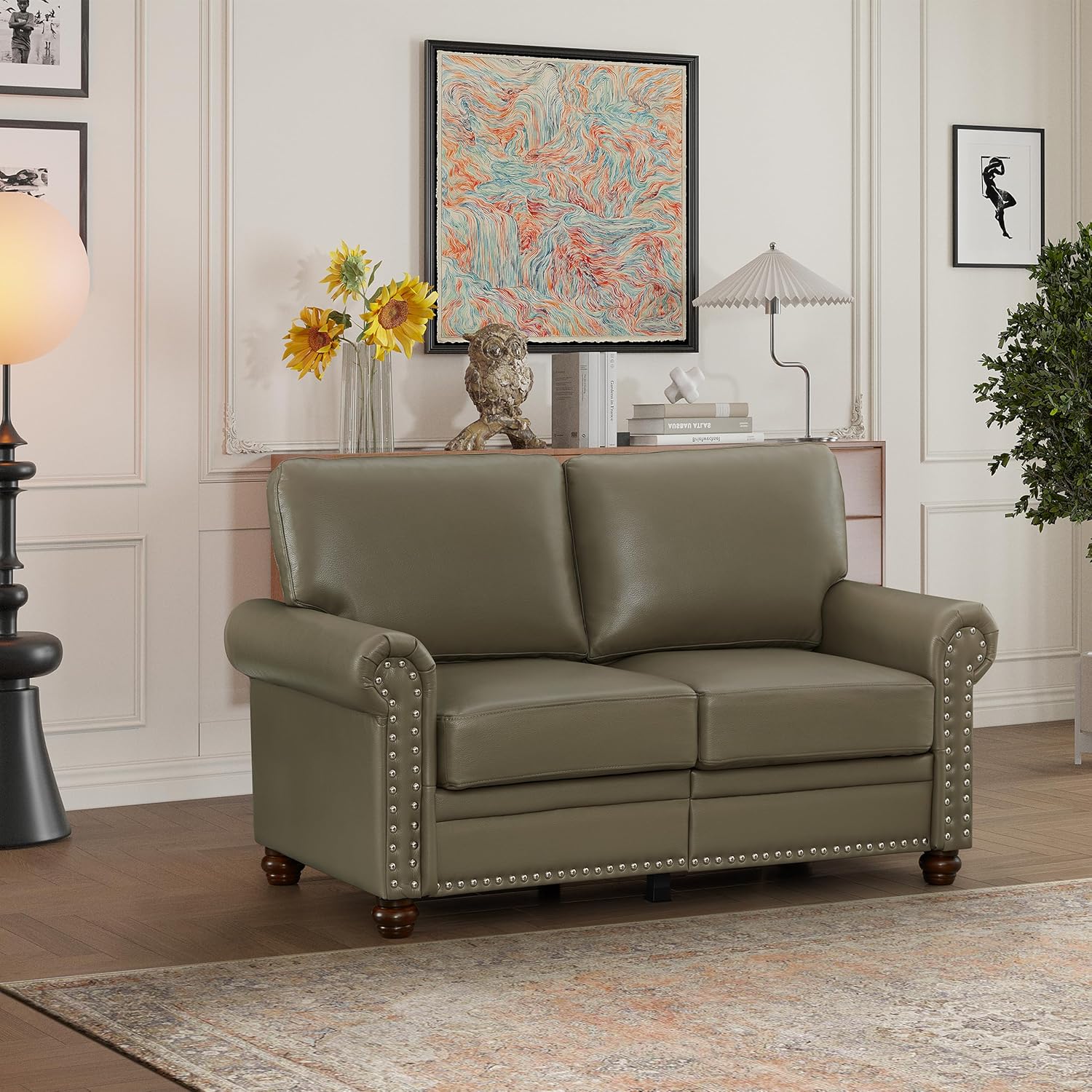 Harper & Bright Designs Loveseat Sofa Two Seat Couch with Storage Space, Wood Legs, Nails Decoration Faux Leather 2-Person Sofa for Living Room,Bedroom,Small Space (Grey)