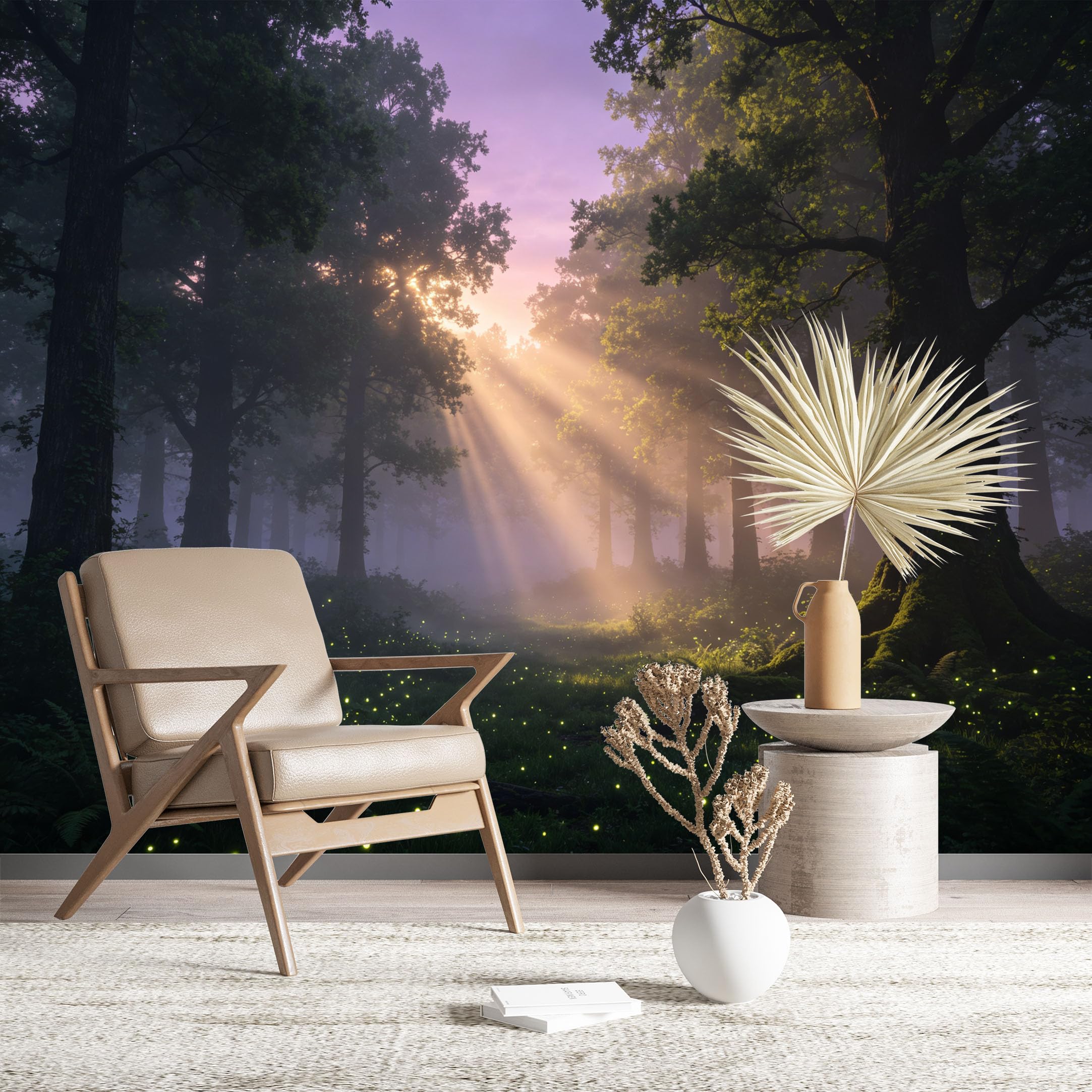 Custom Size Wall Murals Misty Forest with Sunlight and Fireflies Realistic Self-Adhesive Wall Fabric (NO PVC) Removable Wallpaper for Living Room Bedroom