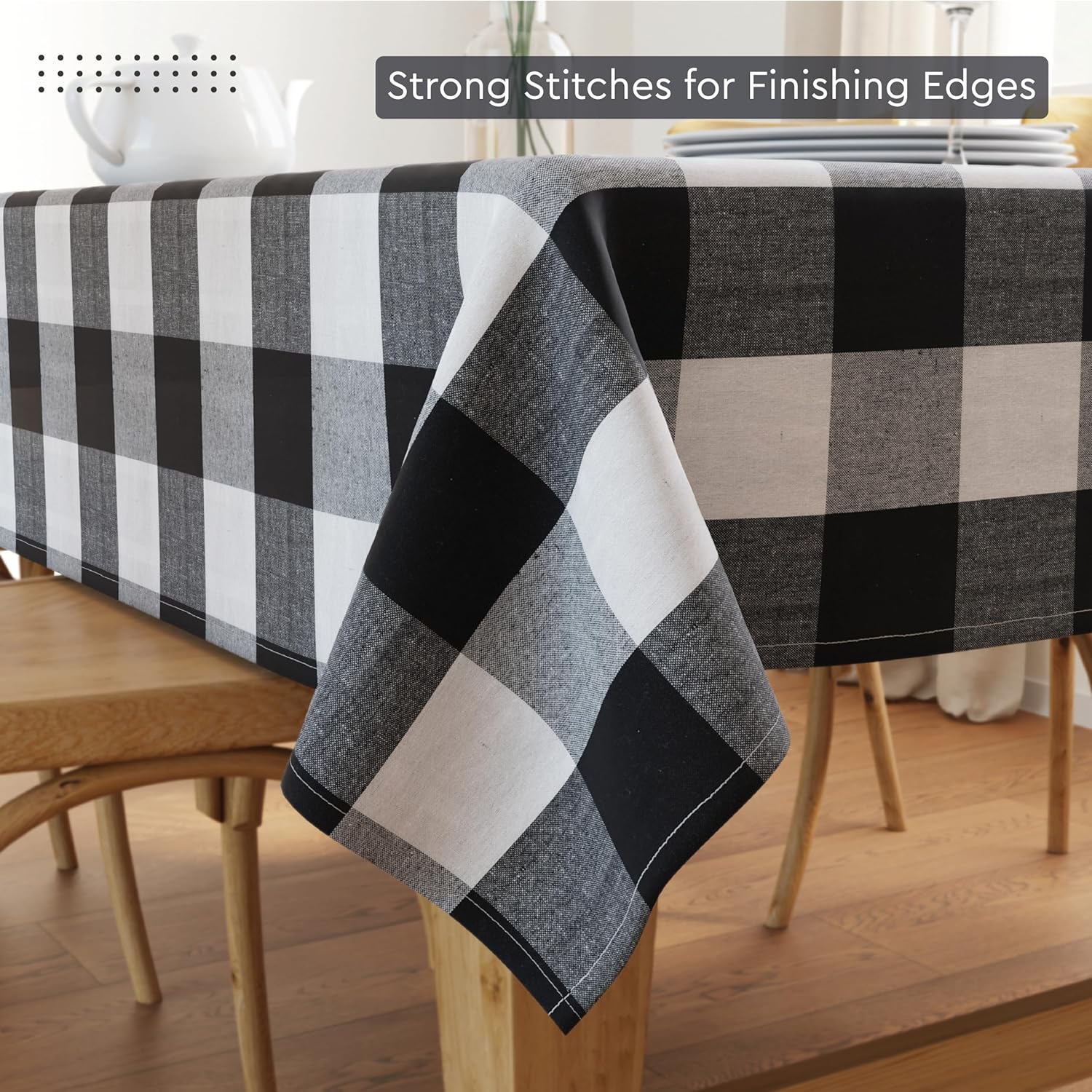 Encasa XO Dining Table Cover | 56x94 in Recycled Cotton Tablecloth | Buffalo Black Checks Design Table Cloth for Decoration - Machine Washable