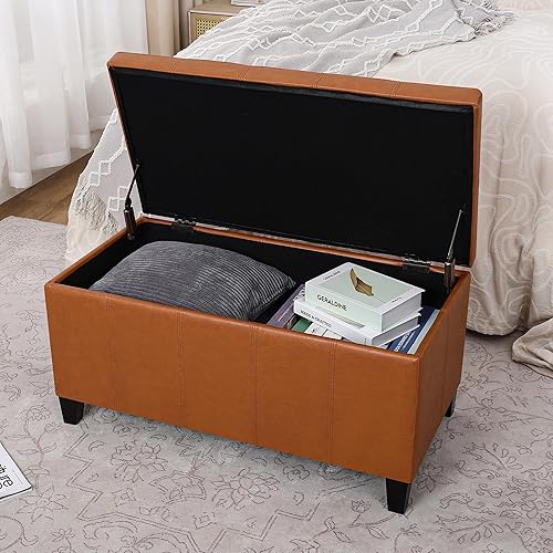 Miniatura 38 de Joveco Banco otomano de almacenamiento, 33 pulgadas, de piel sintética, rectangular, copetudo, taburete para el pie final de la cama, dormitorio,